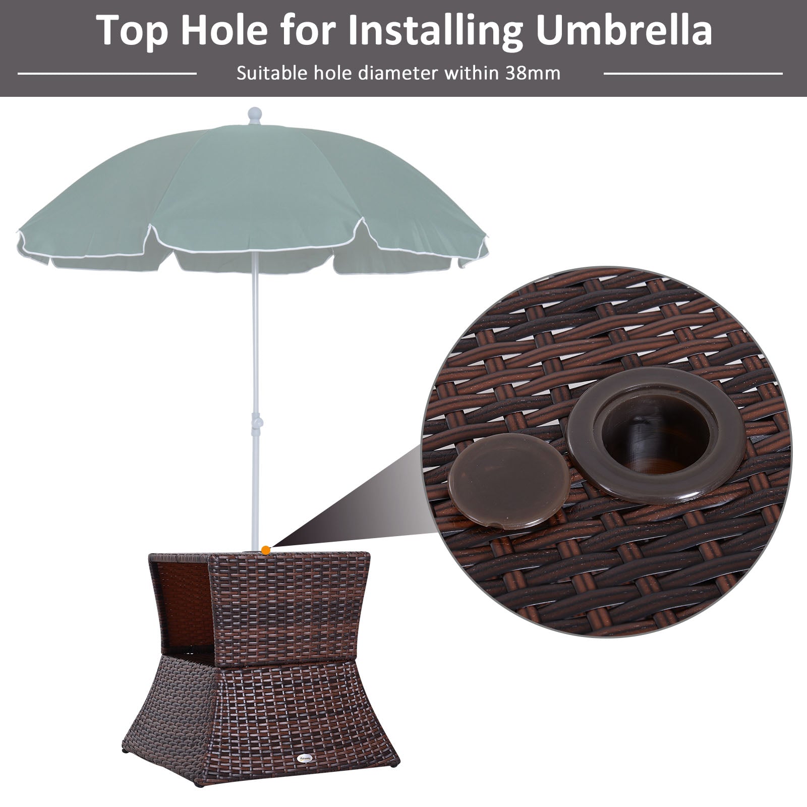Outdoor Side Table with Umbrella Hole, 2 Tier Rattan Wicker End Table with Storage Shelf, All Weather for Outdoor, Patio, Garden, Backyard, Mixed Brown