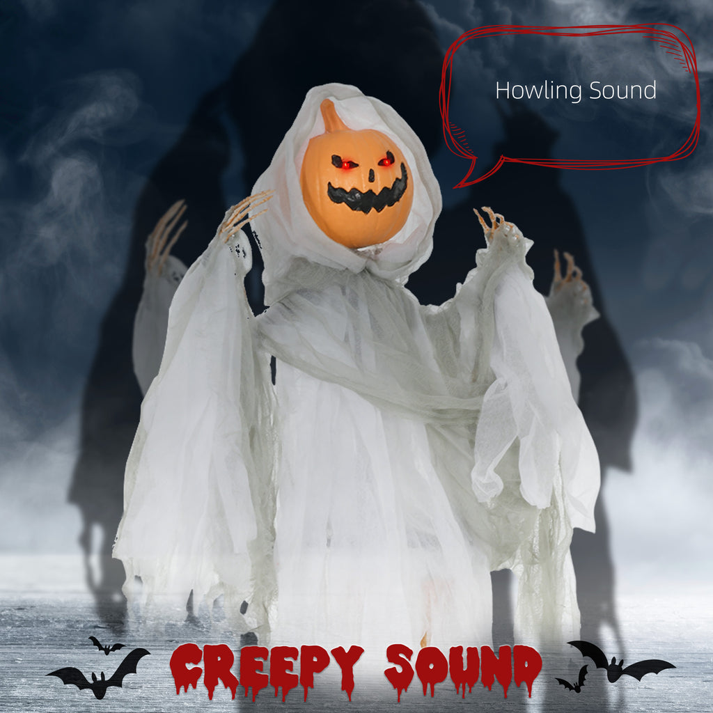 3.9' Outdoor Halloween Hanging Pumpkin Ghost w/ Light Up Eyes, Sound Activated Prop w/ Creepy Howling Sounds