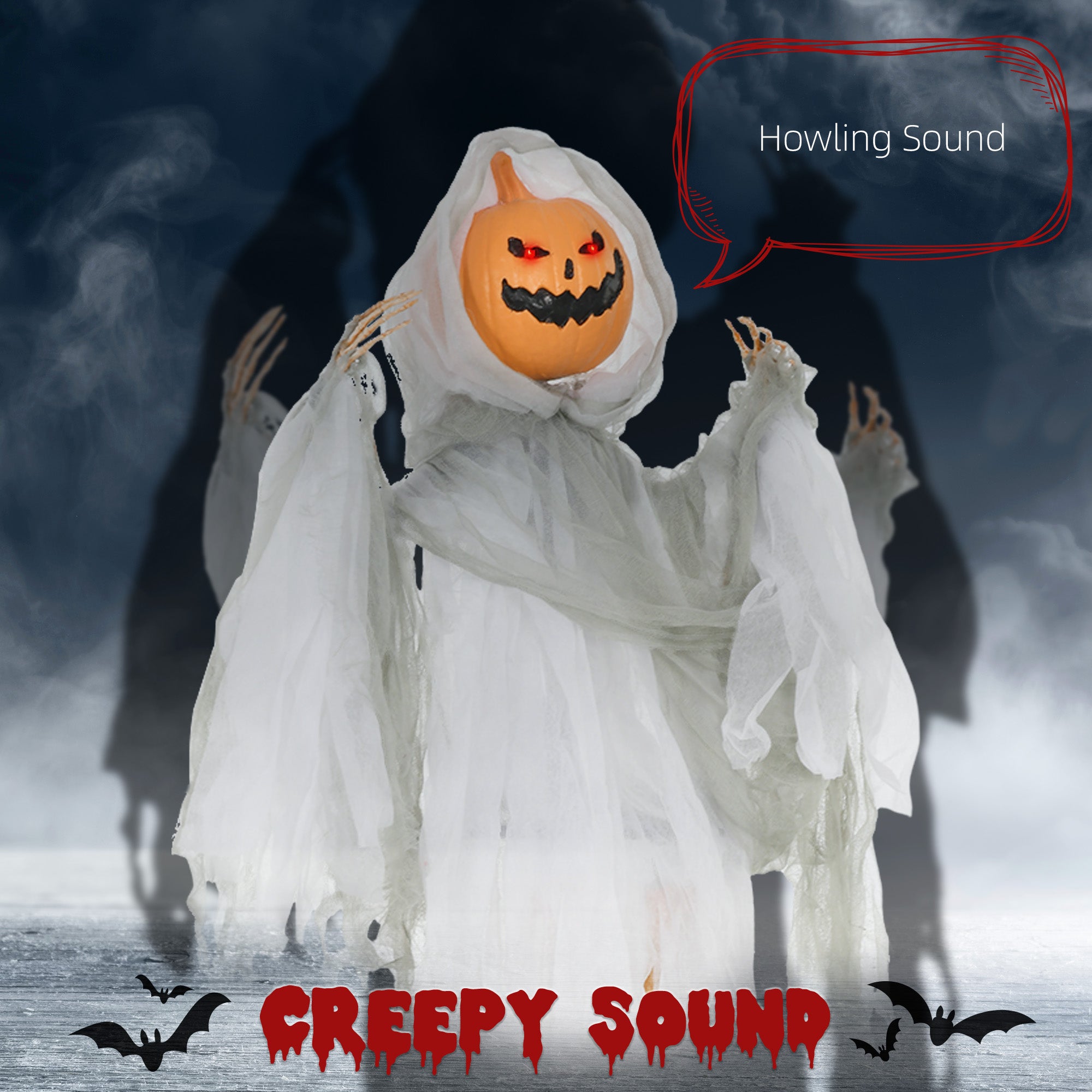 3.9' Outdoor Halloween Hanging Pumpkin Ghost w/ Light Up Eyes, Sound Activated Prop w/ Creepy Howling Sounds