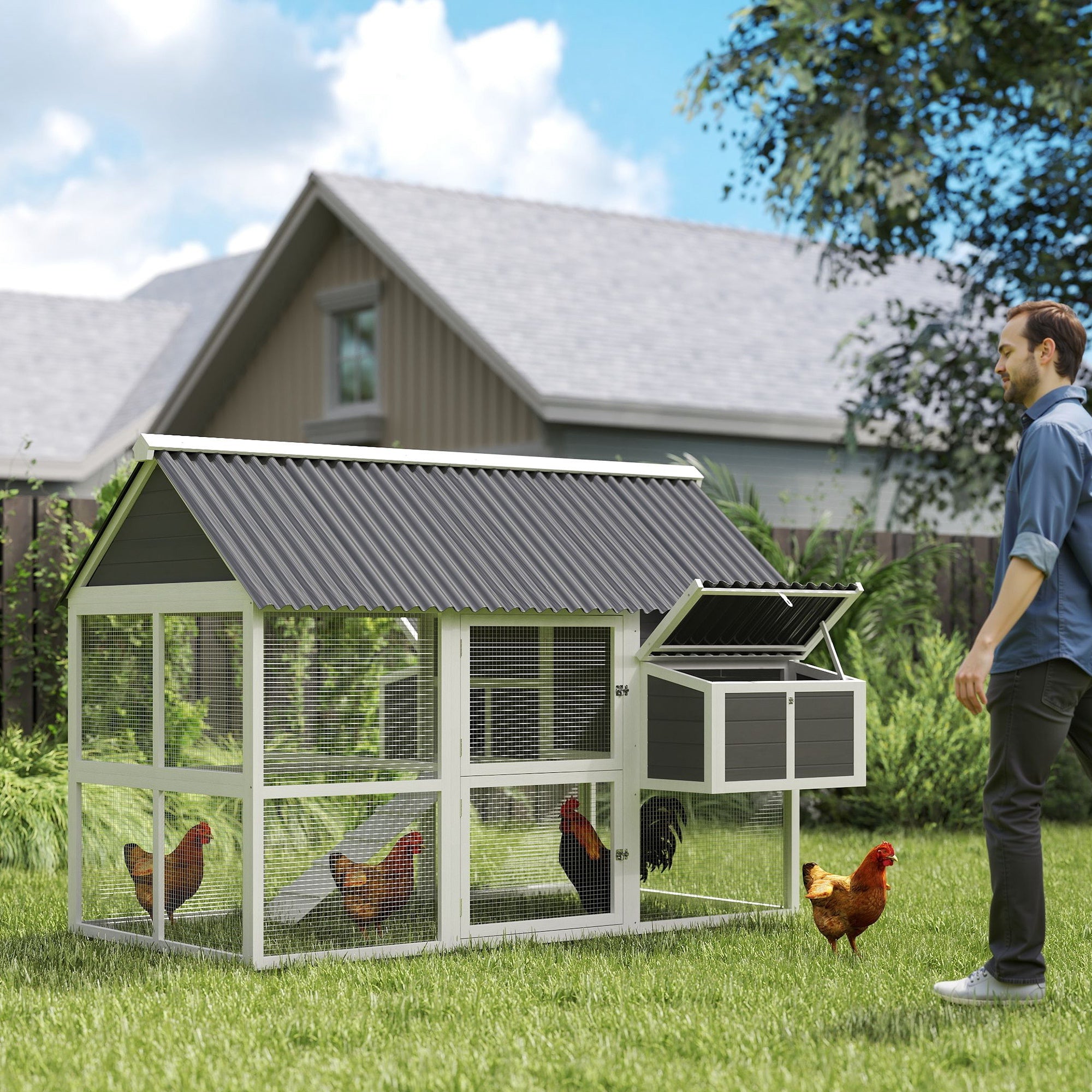 Wooden Chicken Coop with Run, 2 Nesting Boxes, 2 Roosting Bars, Ramp & Tray, Poultry Cage for 4-6 Chickens, Gray