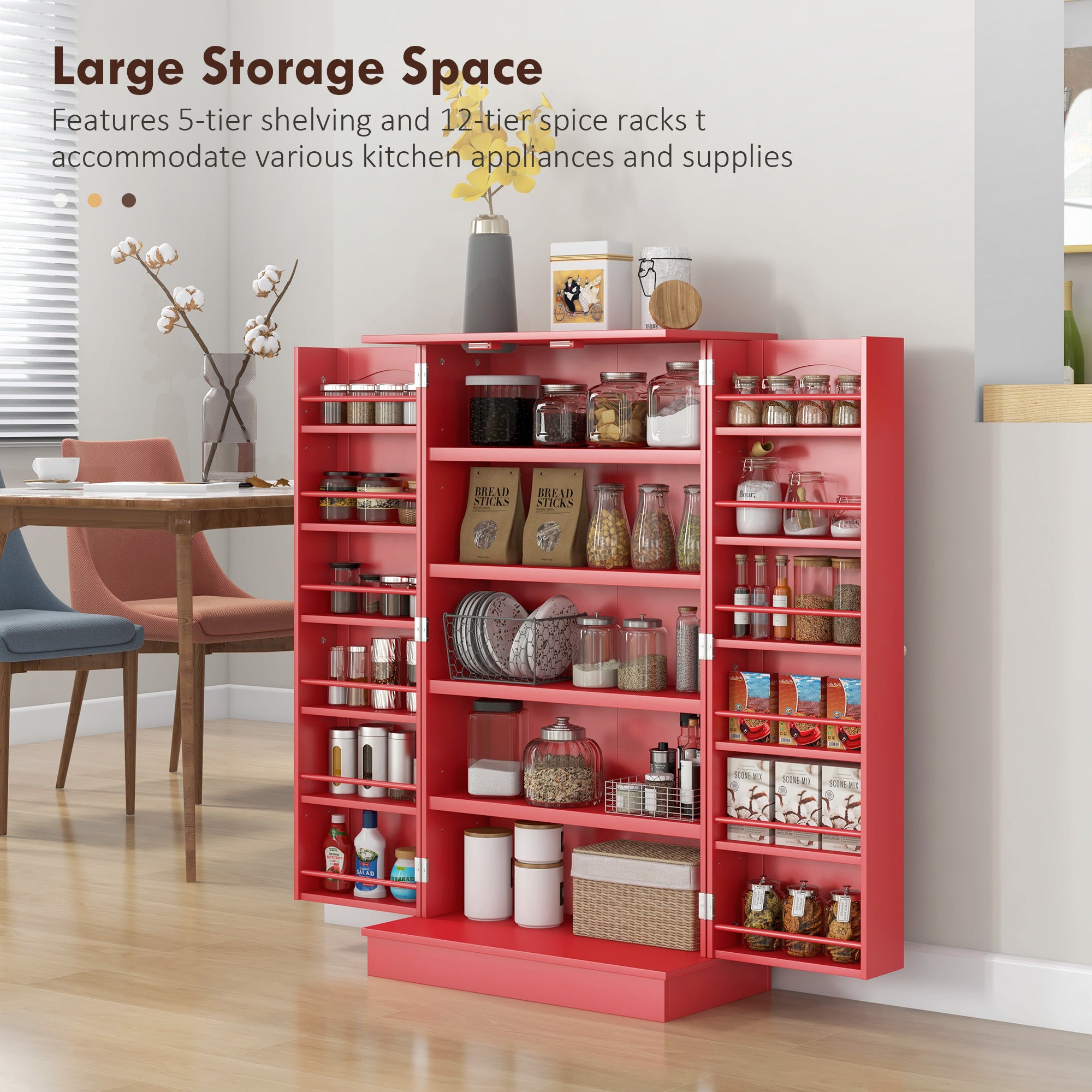 Kitchen Sideboard Cabinet, Large Kitchen Storage Cabinet w/ Double Doors & 5-tier Shelving for Home, Dining Room, Red