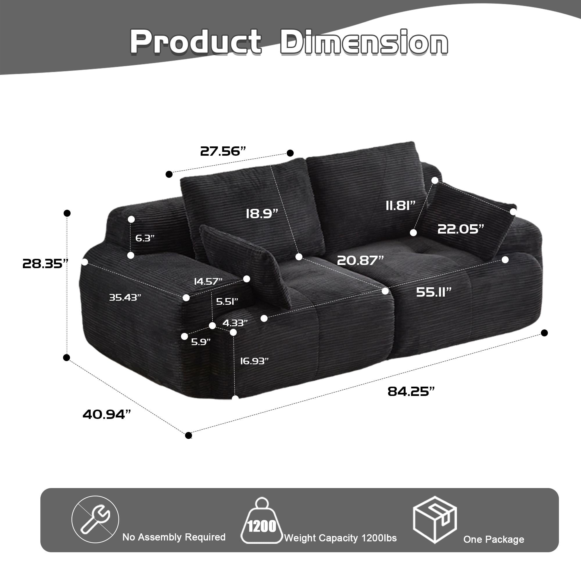 Compressed Sofa 2-Seater Modern Memory Foam Sofa with Pet-Friendly Corduroy Fabric, Two Seater Couch Sectional for Living Room, 84" L x 41" W x 28.5" H, Black