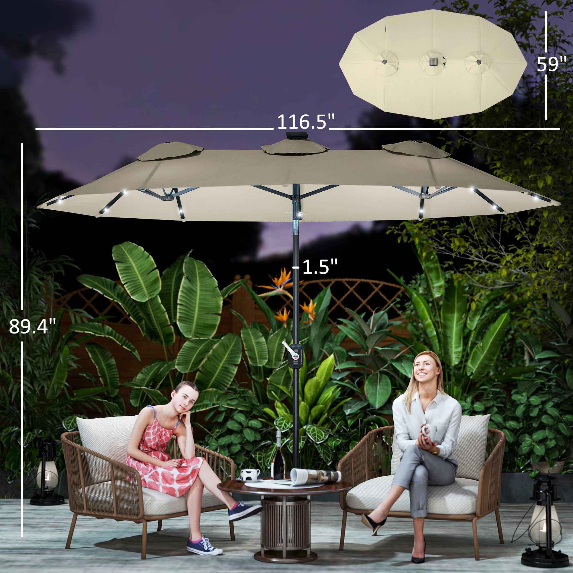 Double-sided Patio Umbrella, 9.7' Outdoor Umbrella with Tilt and Crank, LED Solar Light and 12 Ribs, Cream White
