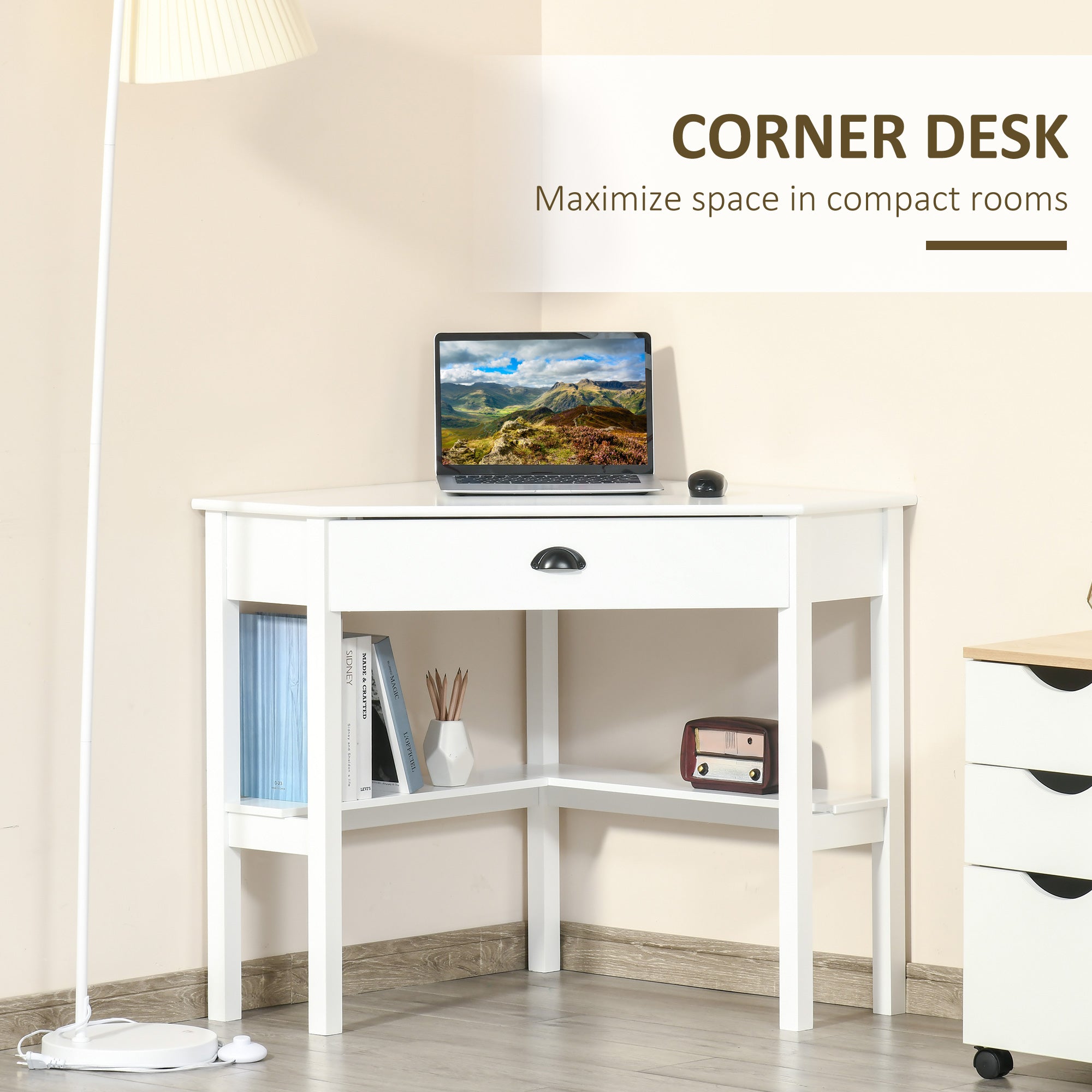 Corner Desk, Triangle Computer Desk with Drawer and Storage Shelves for Small Spaces, Home Office Workstation for Living Room, or Bedroom, White