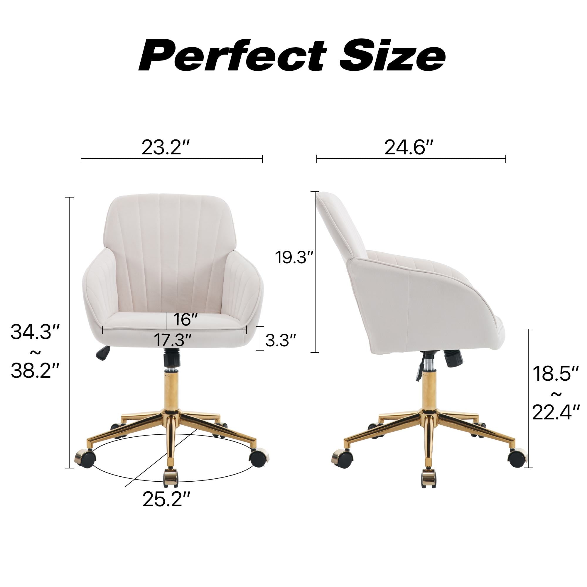 Adjustable Ergonomic Swivel Chair with Velvet Cushion and Lumbar Support, Office Chair with Golden Base, 25" L x 23" W x 38" H, Beige