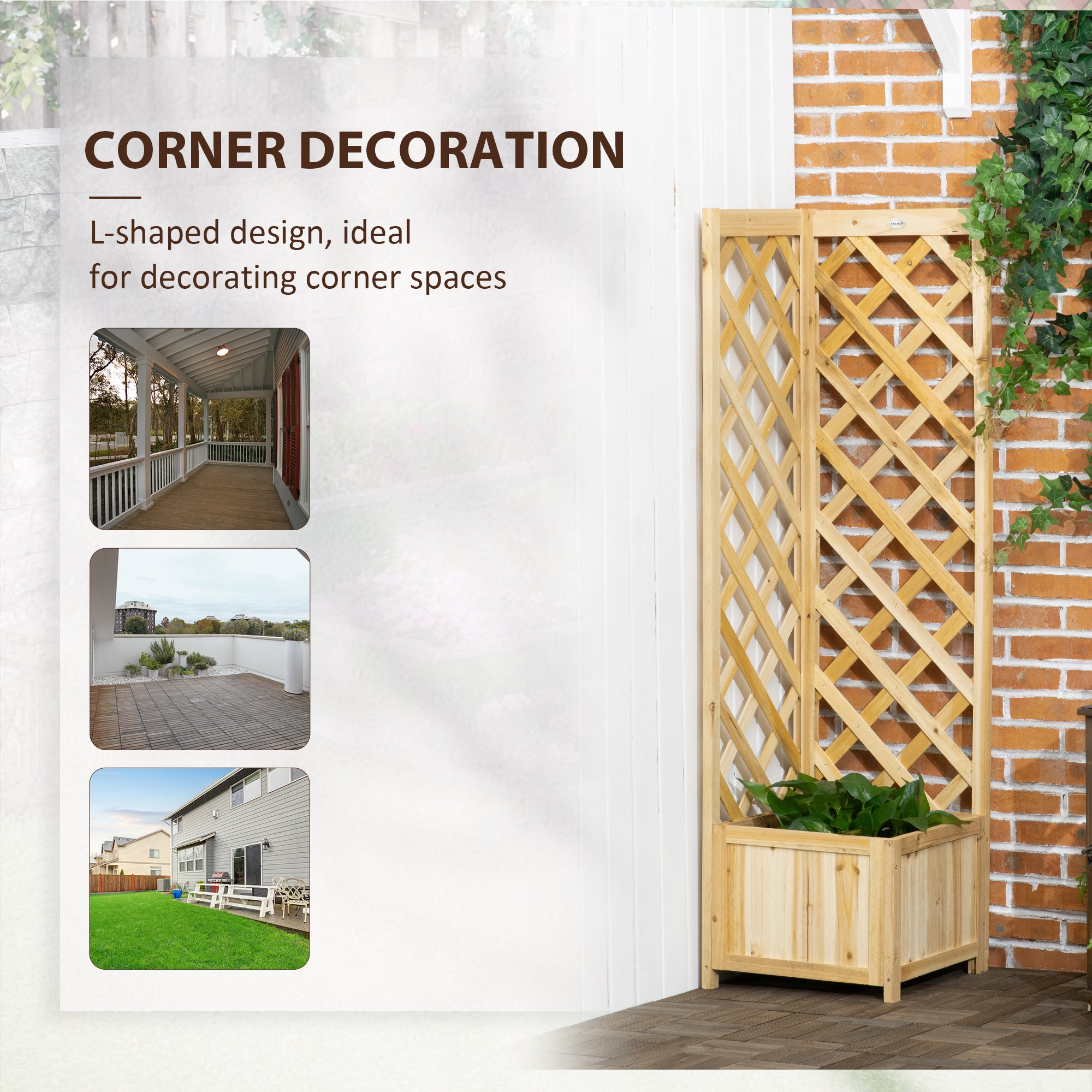 Wooden Raised Garden Bed, Planter with Trellis for Vine Climbing and Vegetables, Herbs and Flowers Growing, Natural