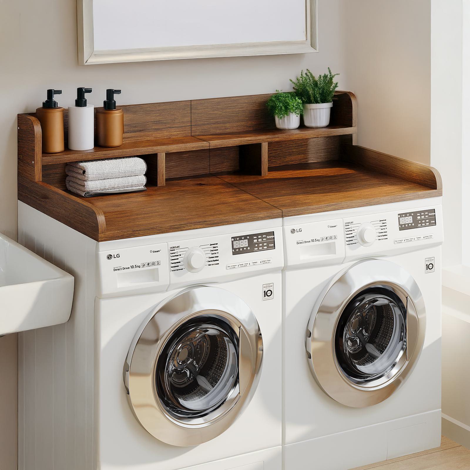 Practical Washer Dryer Countertop with Non-slip Pads, Double Layer Laundry Wood Shelf Topper with Edge, 54" L x 27.5" W x 12" H, Walnut