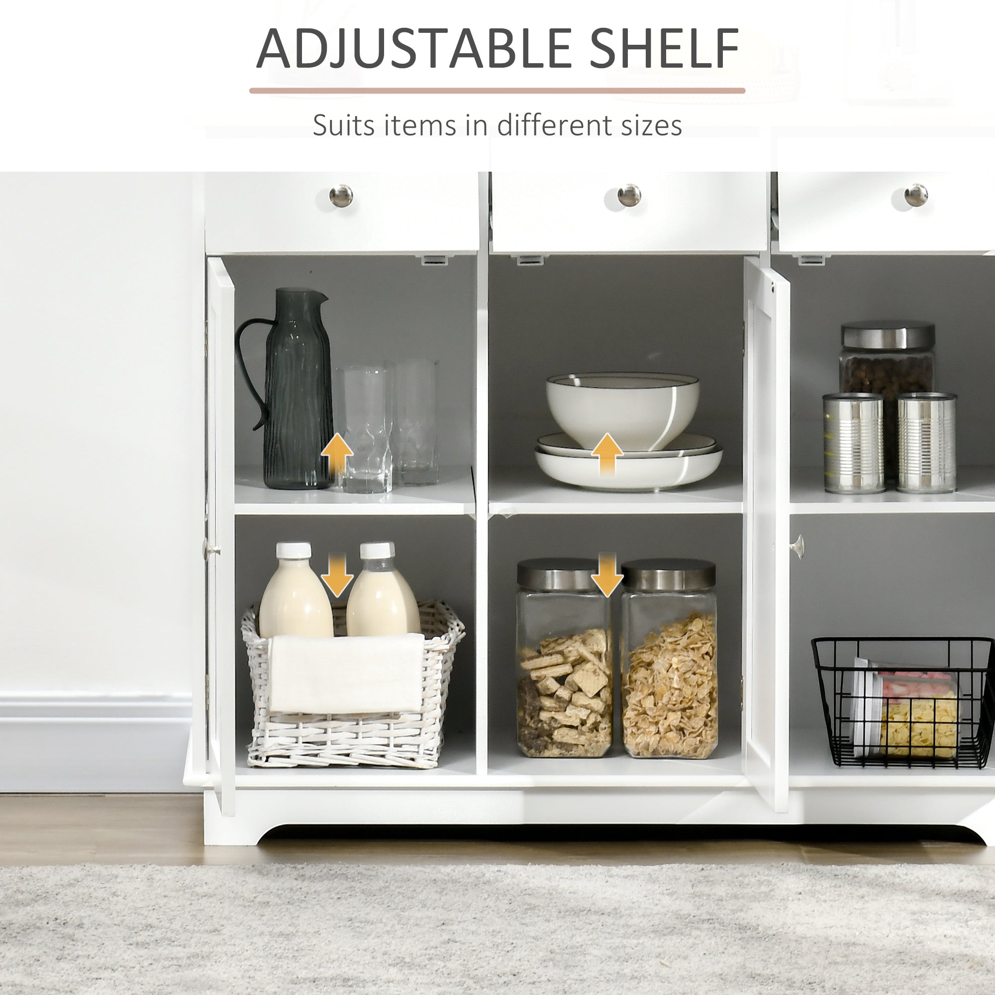 Modern Sideboard with Rubberwood Top, Buffet Cabinet with Storage Cabinets, Drawers and Adjustable Shelves, White