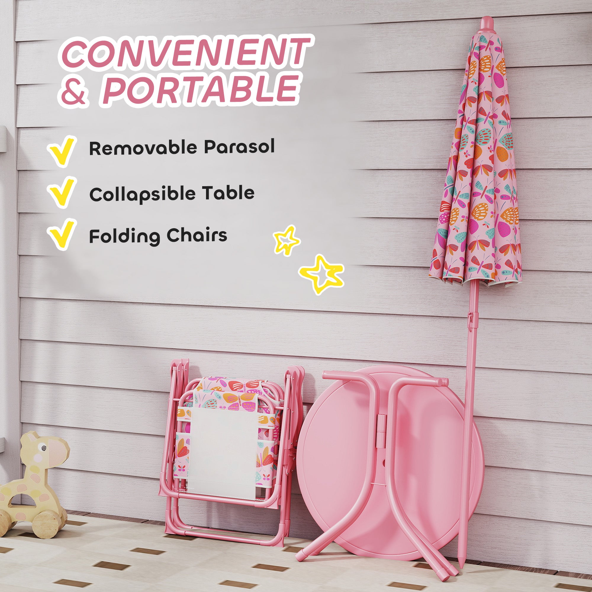 Kids Picnic Table and Chair Set, Outdoor Table with Foldable Chairs, Removable Umbrella, Pink