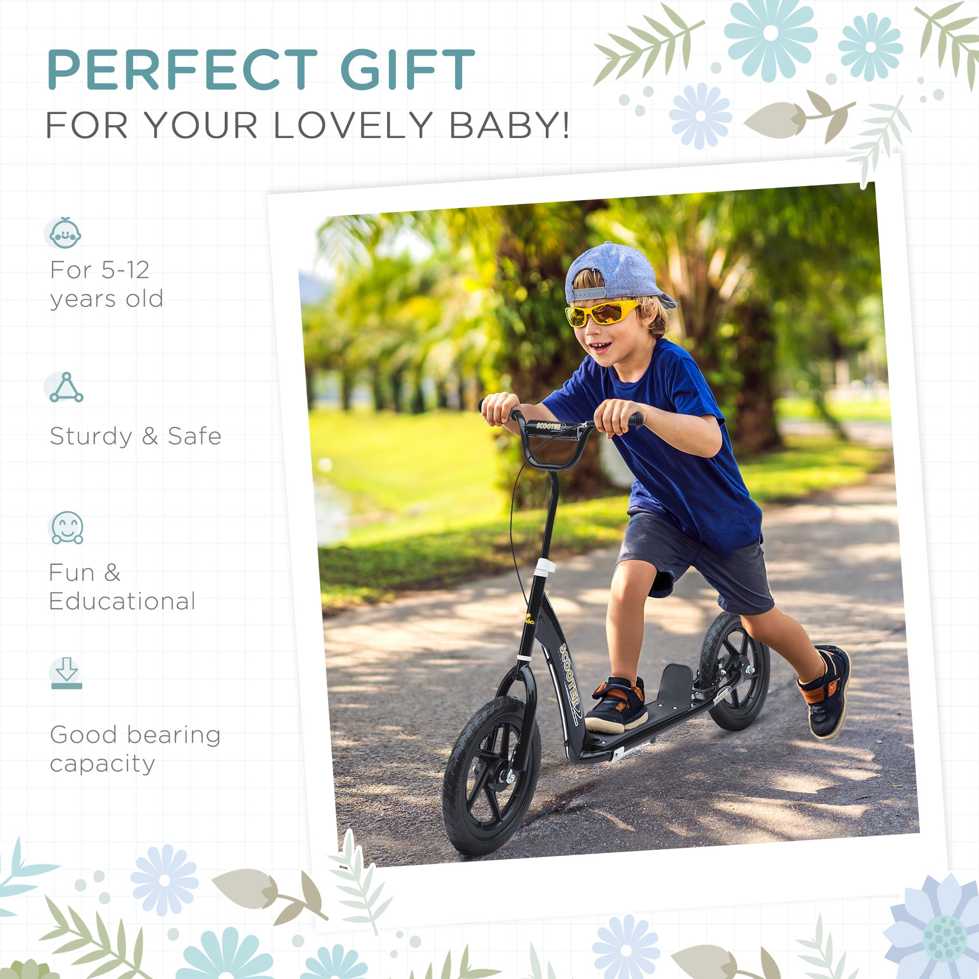 Kick Scooter for Kids 5-12 Years Old with Adjustable Height Handlebar, Non-slip Footplate, Big Wheels, Rear Brake, Black