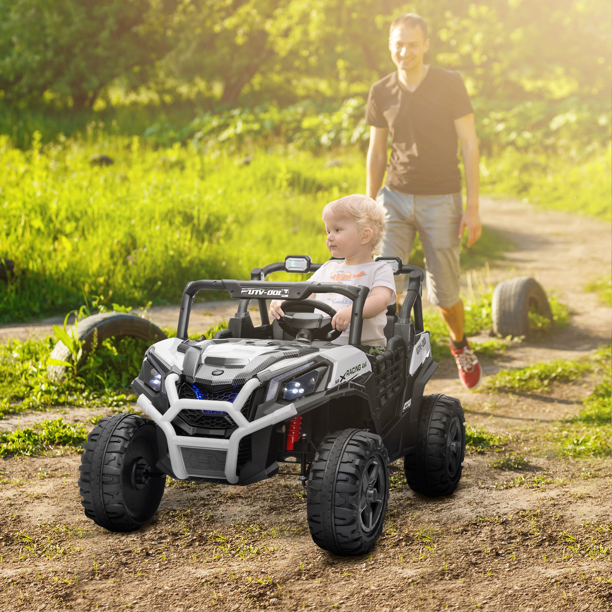 2 Seater 24V Kids Electric Car w/ Remote Control, 3 Speed, LED Lights, Music, Horn, Spring Suspension, Slow Start, White