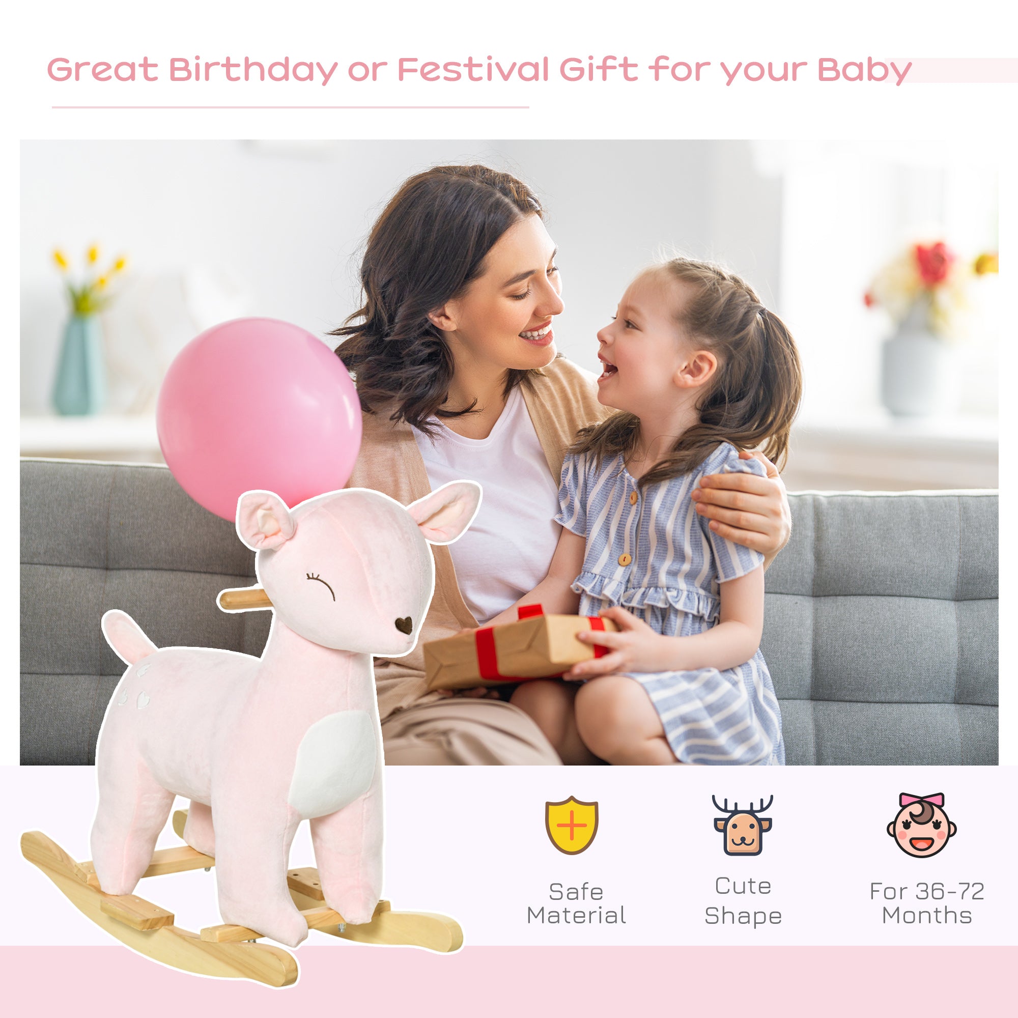 Kids Plush Ride-On Rocking Horse Deer-shaped Plush Toy Rocker with Realistic Sounds for Child 36-72 Months Pink