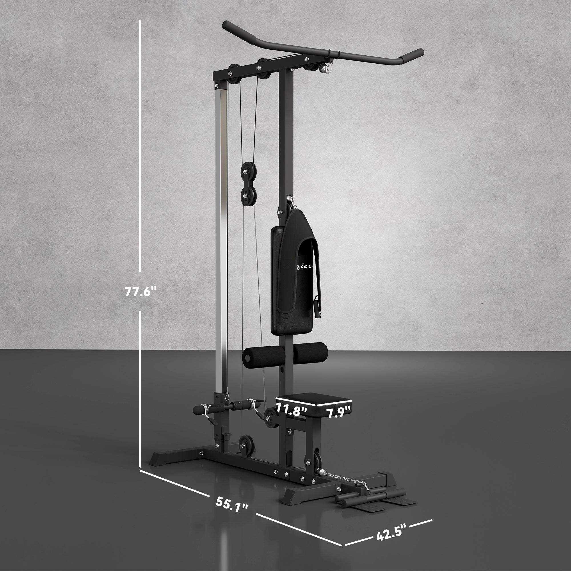 Lat Pull Down Machine, High / Low Pulley Machine with Adjustable Seat and Flip-Up Footplate, Black