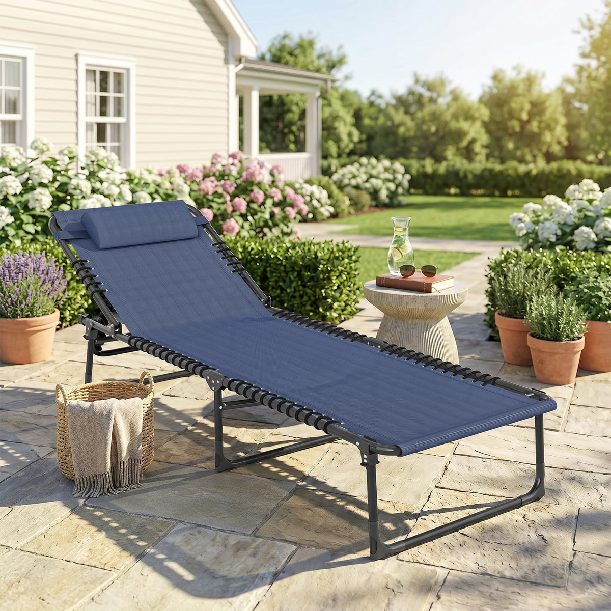 Folding Chaise Lounge Pool Chair with 4-Position Reclining Back, Pillow, Breathable Mesh & Bungee Seat, Dark Blue