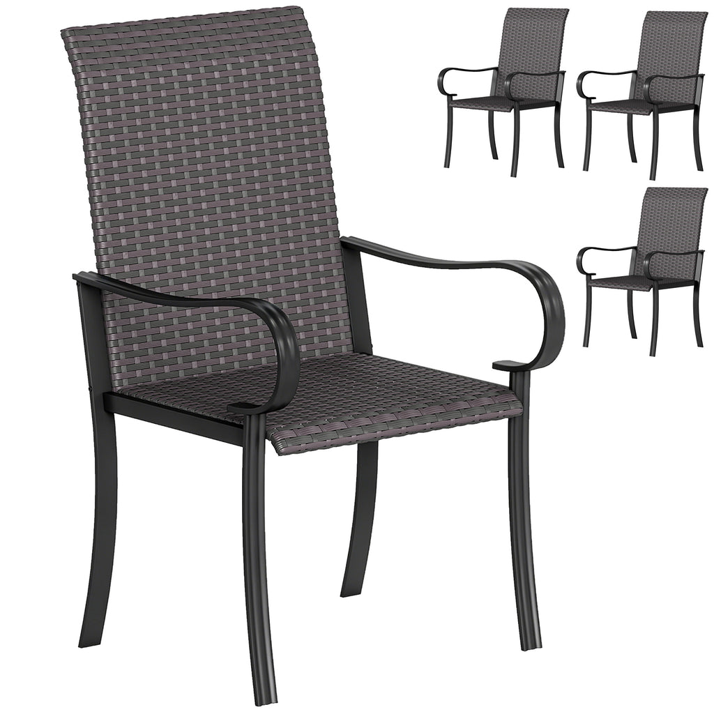 Set of 4 Outdoor Wicker Dining Chairs with Armrest, Steel Frame, Highback and Deep Seating, Brown