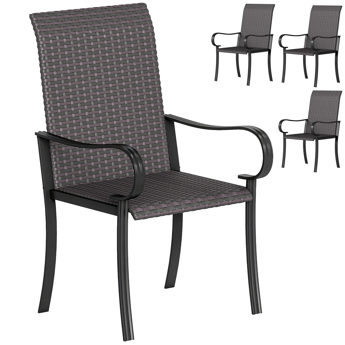 Set of 4 Outdoor Wicker Dining Chairs with Armrest, Steel Frame, Highback and Deep Seating, Brown
