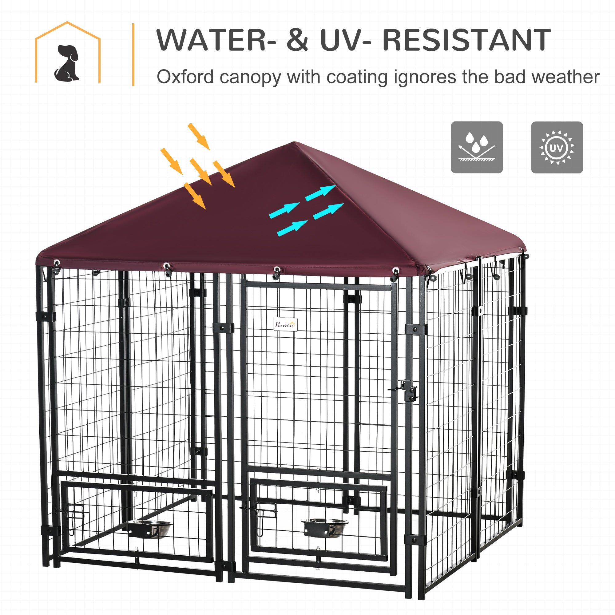 Outdoor Dog Kennel with Rotating Bowl Holders, Pet Playpen with Waterproof Cover, 4.6' x 4.6' x 5', Red
