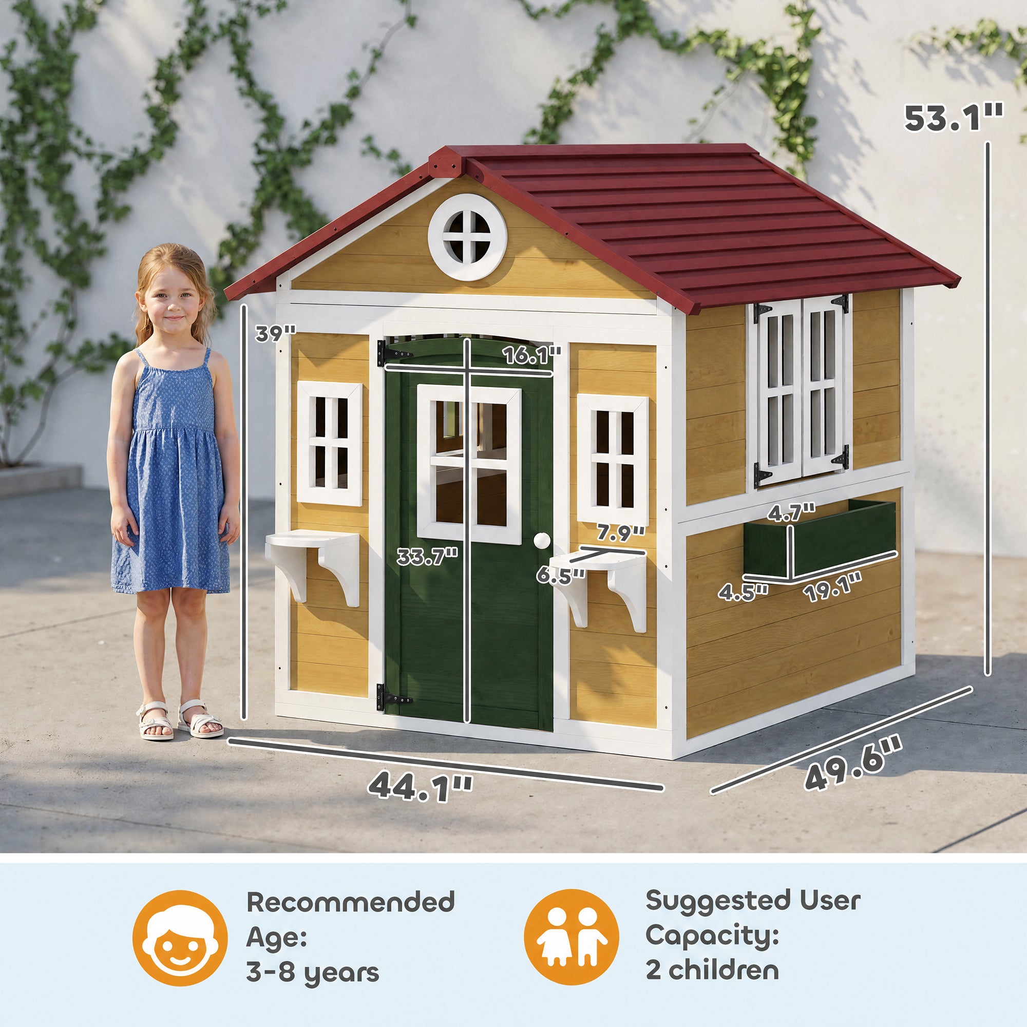 Wooden Playhouse for Kids Outdoor with Doors, Windows, Planter Pots and Boxes for Toddlers 3-8 Years, Beige