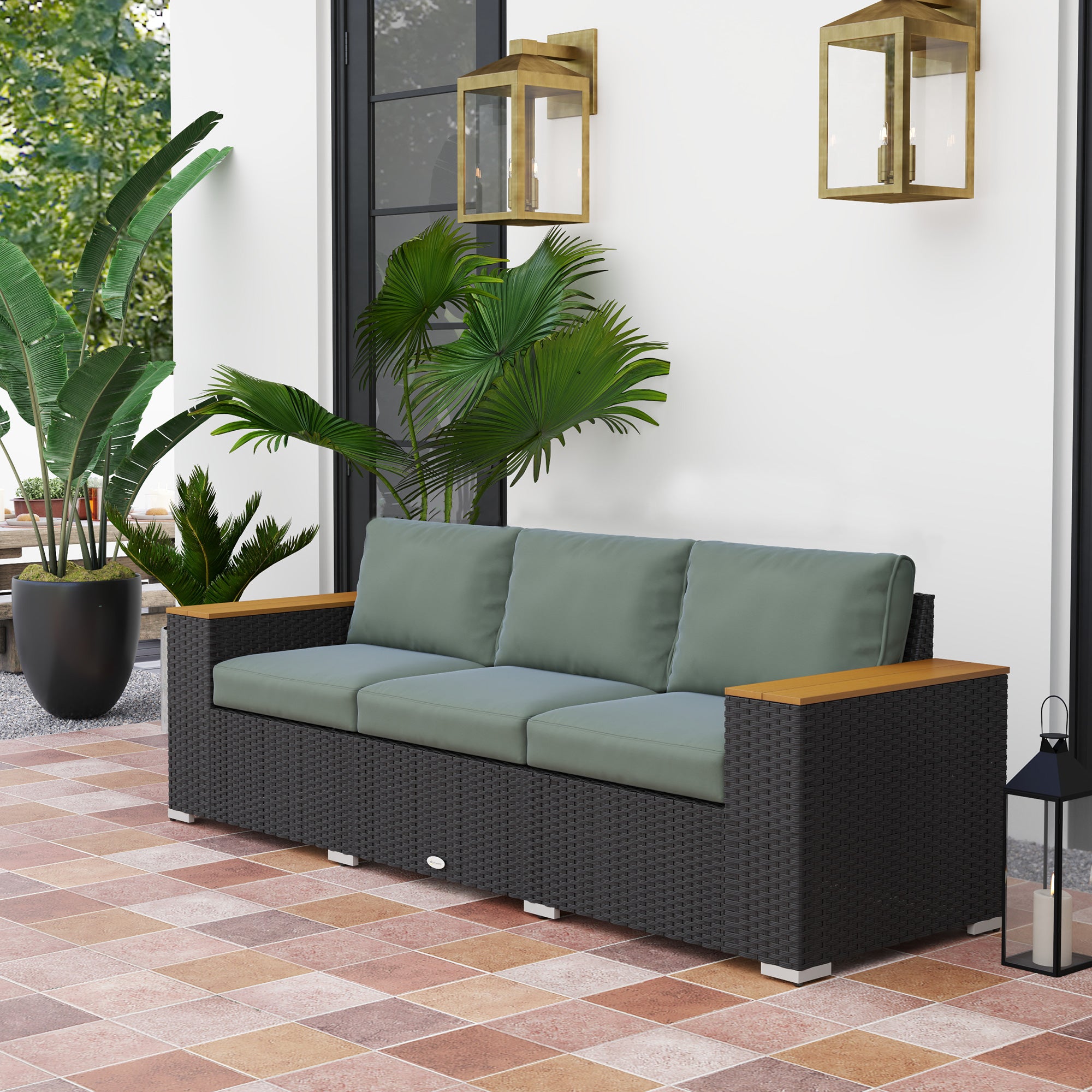 3-Seat Outdoor Patio Sofa, PE Wicker Outdoor Couch with Extra Wide Deep Seat, Wide Armrests 4" Cushions, Dark Gray