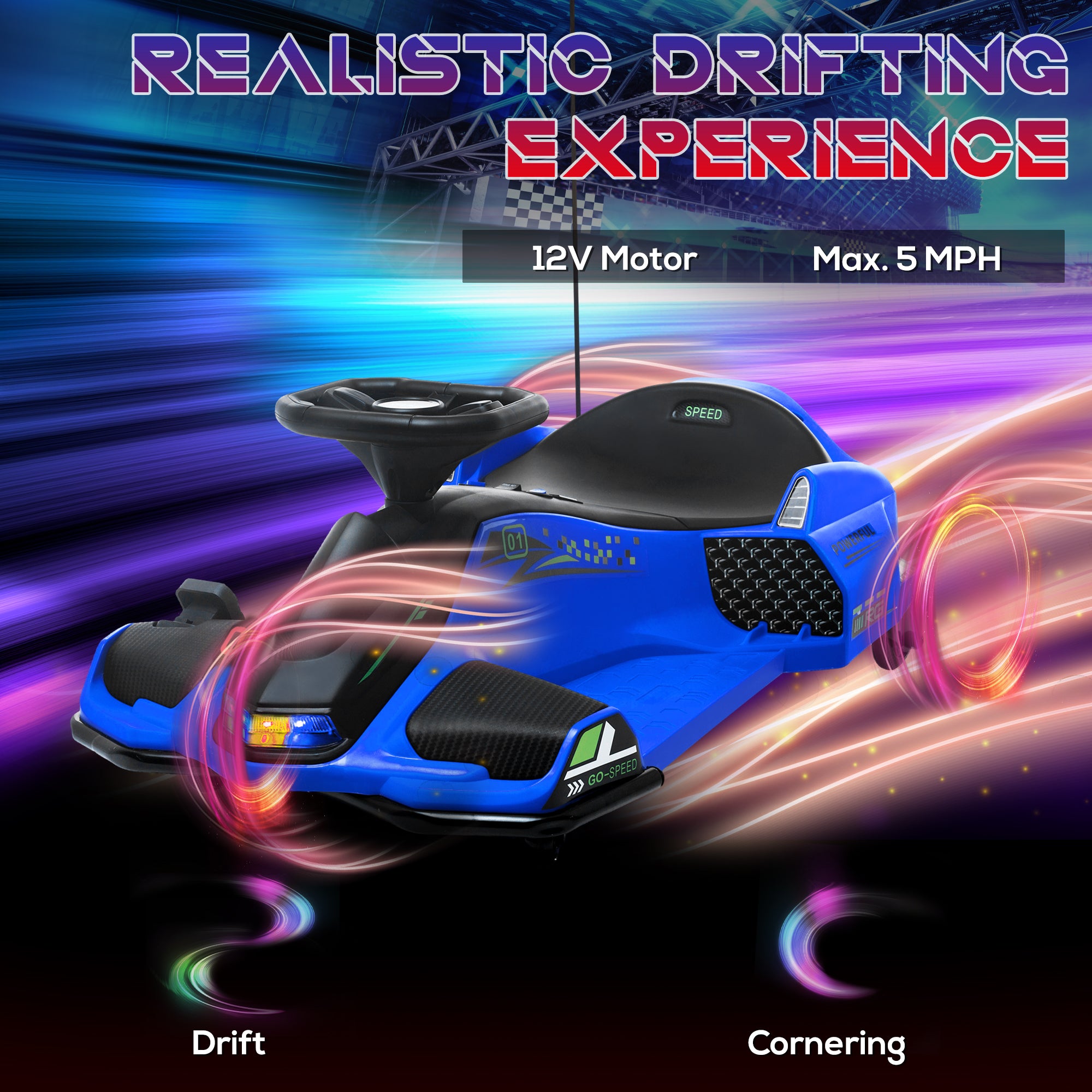 12V Electric Drifting Go Kart w/ Slow Start, Music, Lights, Blue
