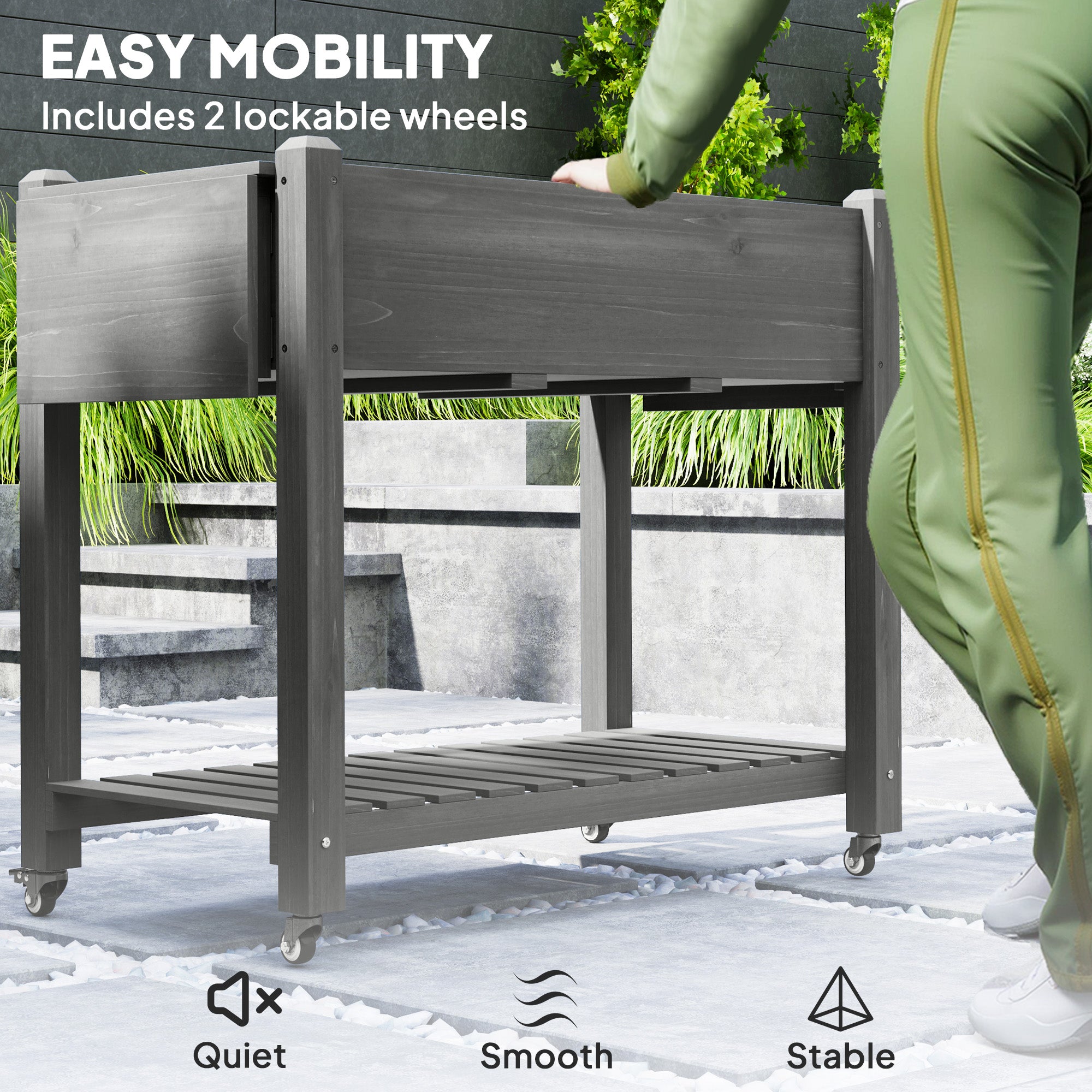 Wood Raised Planter Box, Elevated Garden Bed with Lockable Wheels, Side Tables, Bottom Shelf, Drain Holes, Gray