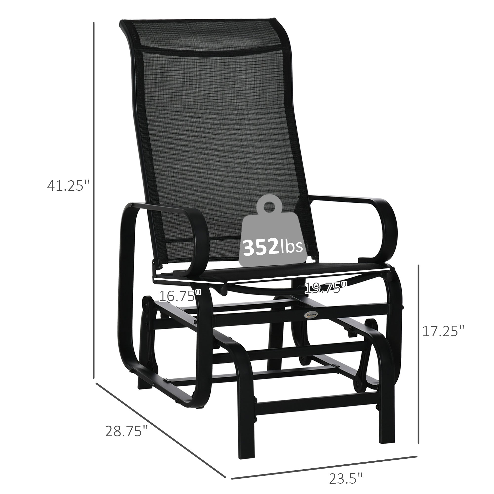Outdoor Patio Sling Fabric Swing Glider Rocker Chair with Smooth Rocking Arms, Black
