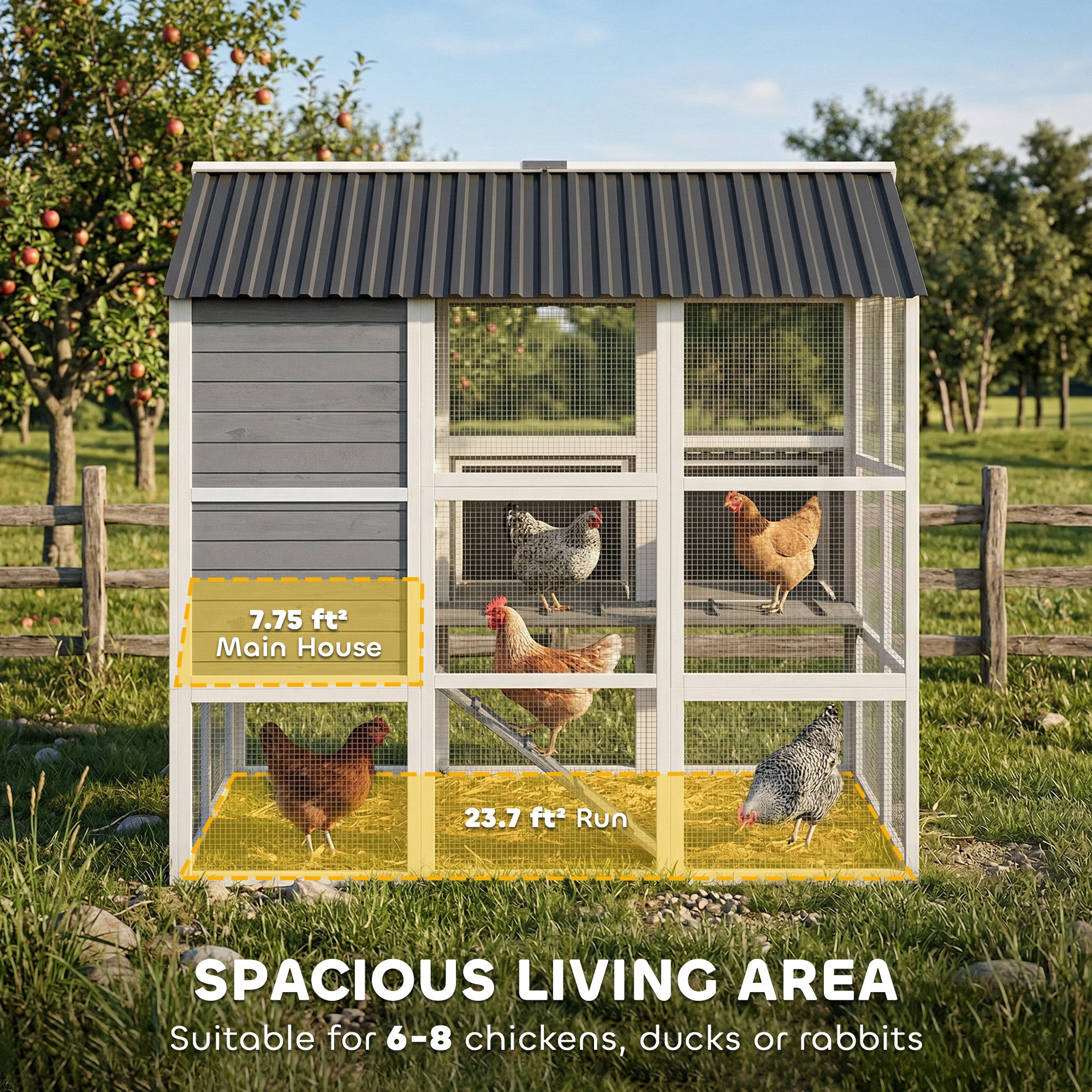 77" Large Chicken Coop for 6-8 Chickens, Outdoor Wooden Hen House Poultry Cage with Run, Nesting Boxes, Waterproof Roof