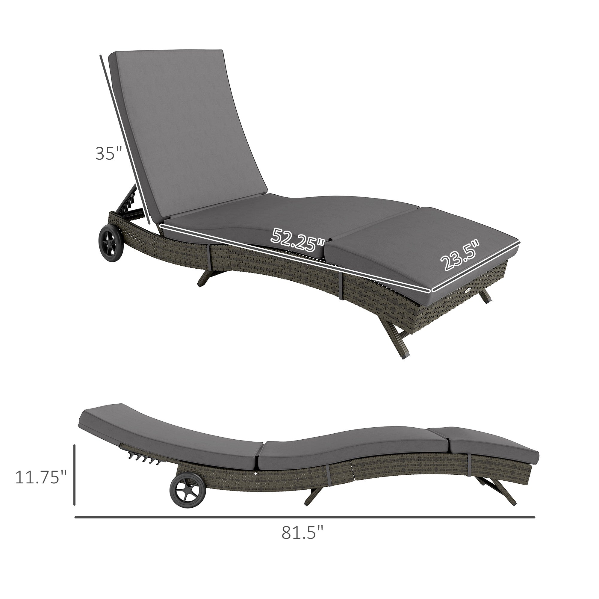 Patio Wicker Chaise Lounge Chair, Outdoor PE Rattan Sun lounger with Adjustable Backrest and 2 Wheels, Gray
