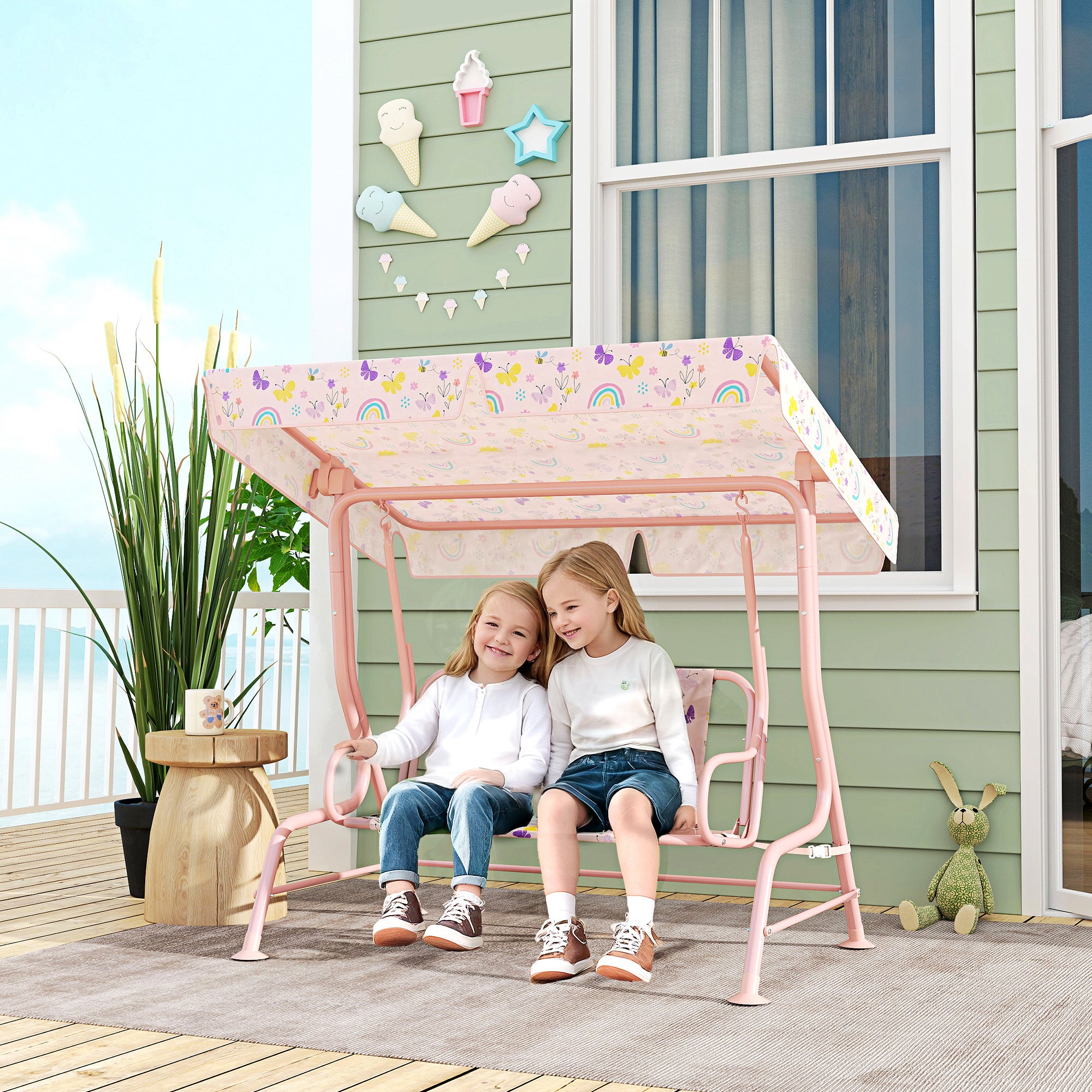 Kids Patio Swing Chair with Adjustable Canopy, Safety Belt for Patio, Garden, Poolside, Balcony, Pink