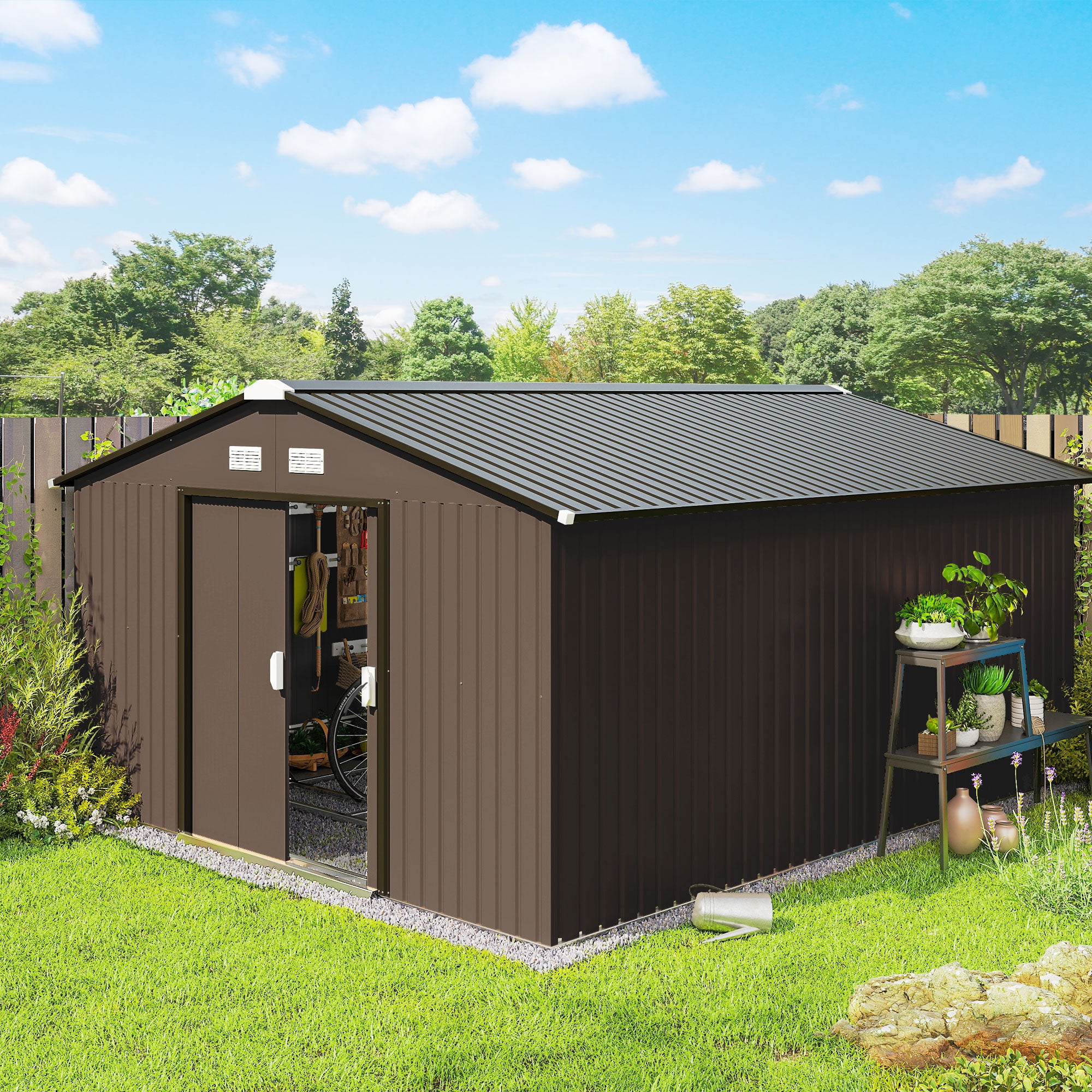 Metal Large Shed with Double Locking Doors Sloped Roof for Garden Tool, Bike Storage, Brown