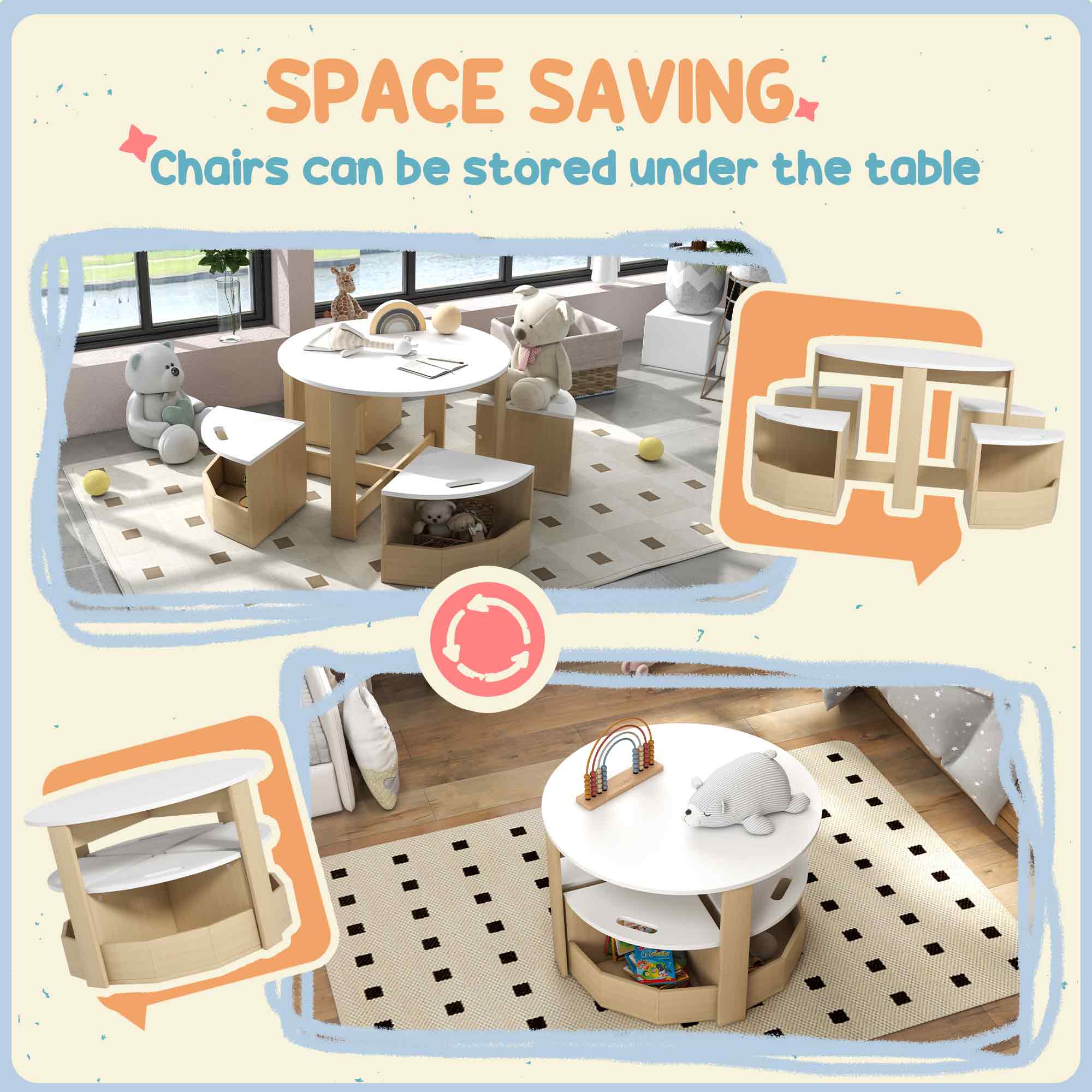 5 Piece Kids Table and Chairs Set with Storage for Art, Craft, Drawing, Playroom, Classroom, Nursery, White