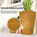 Set of 3 Tall Planters, 28" Outdoor Planter w/ Drainage Holes, Faux Wood Plastic Flower Pots, Light Brown