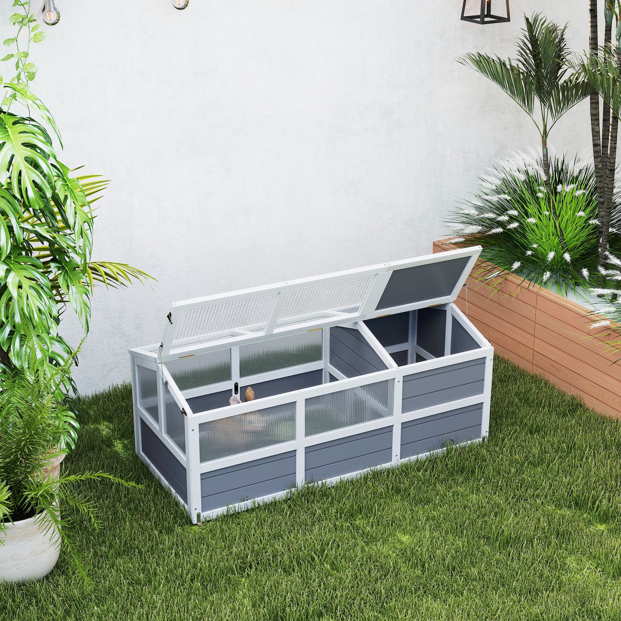 Wooden Tortoise Habitat Outdoor w/ Bottomless Design, Doors, PC Sun Panel Windows, for Small Animals, Rabbit, Light Gray