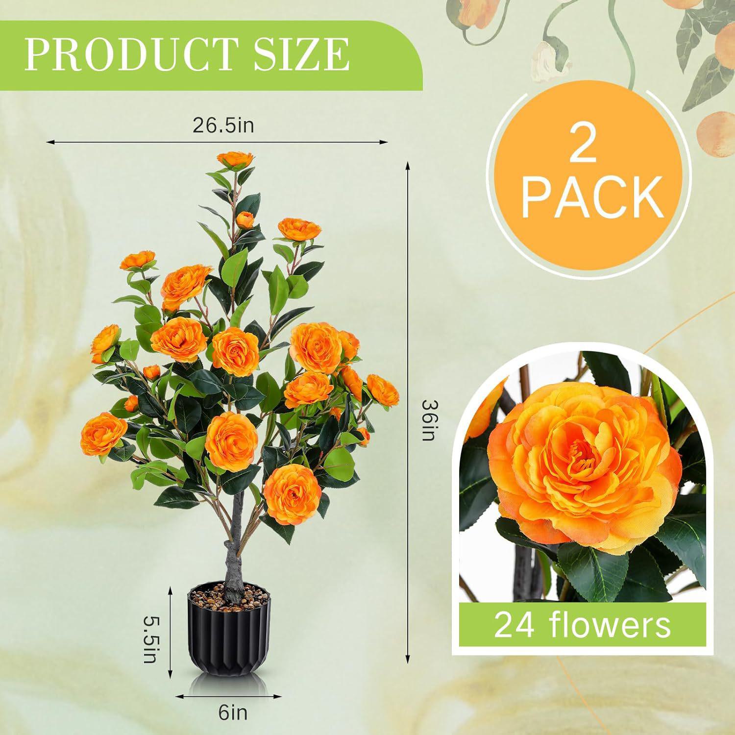 36" Faux Camellia Plant in Pot with Orange Flowers, Artificial Camellia Tree 2-Pack for home or office decor, 26.5" L x 6" W x 36" H, Black+Orange
