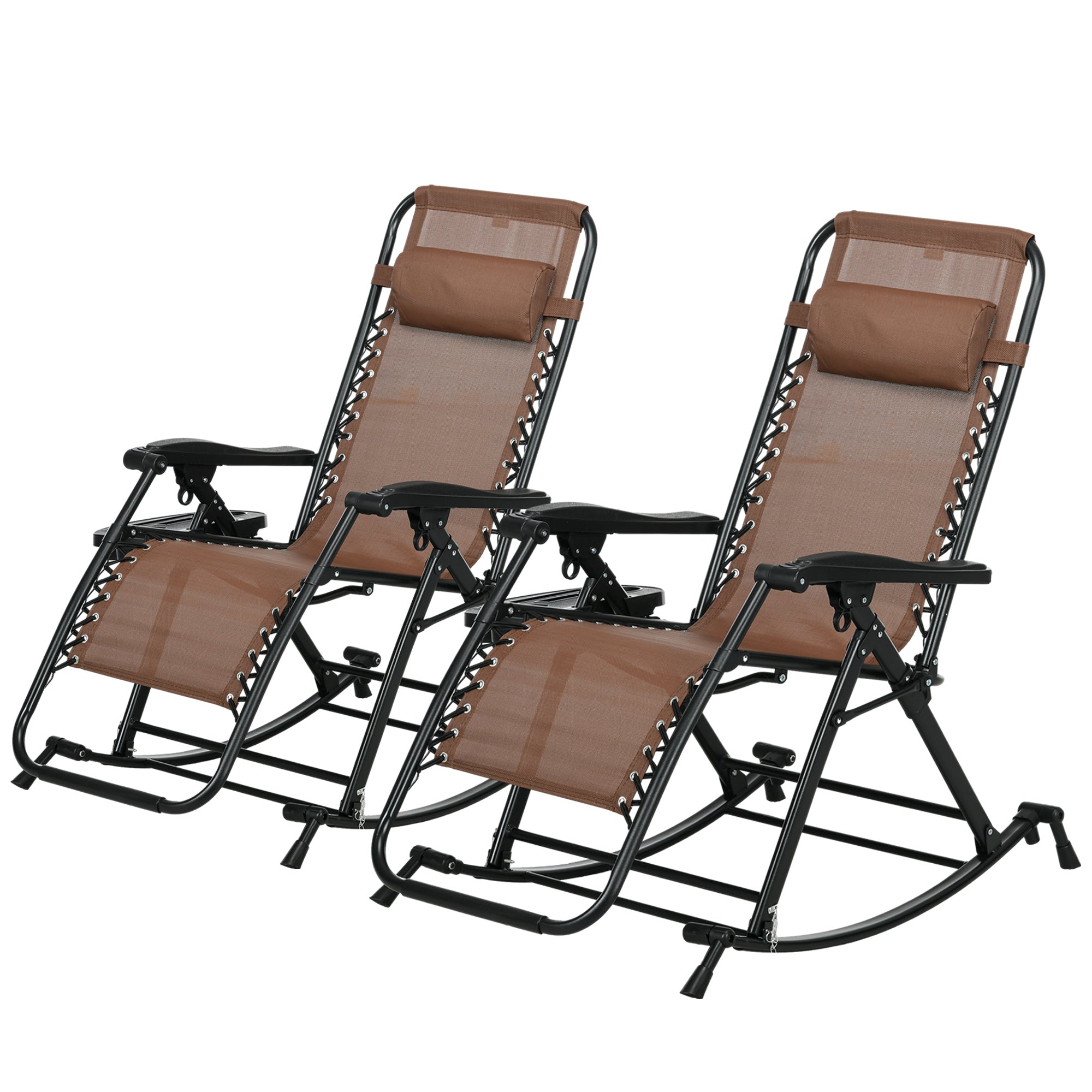 2 Outdoor Rocking Chairs Foldable Reclining Zero Gravity Lounge Rockers w/ Pillow Cup & Phone Holder, Brown
