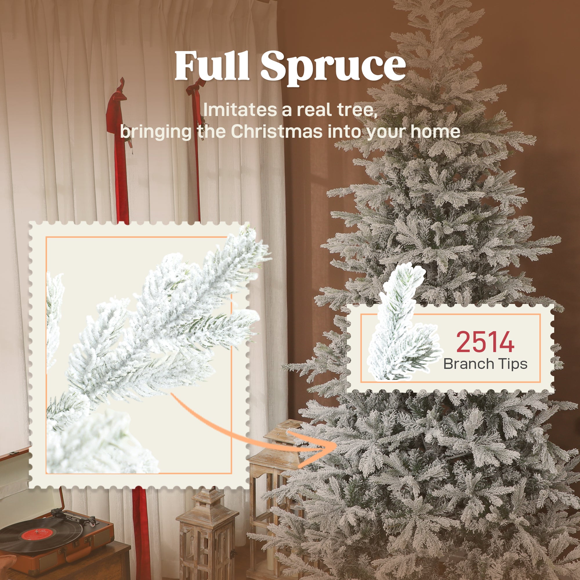 9 ft Artificial Frosted Christmas Tree with Realistic Branches, Wide Full Spruce, Hinged Xmas Tree, Easy Assembly