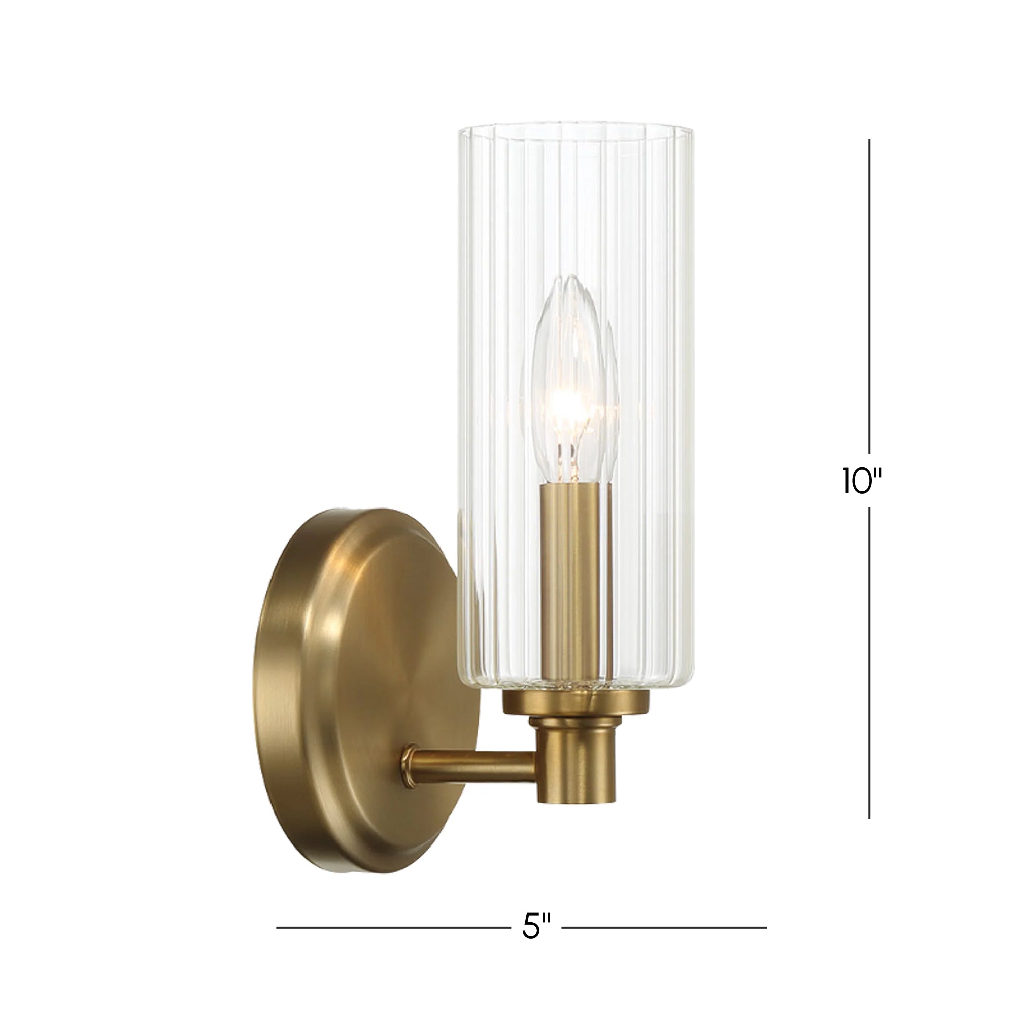Single Light Wall Sconce with Clear Ribbed Glass, Satin Brass Finish, Elegant Home Lighting Solution, 5" L x 5" W x 10" H, Clear+Gold