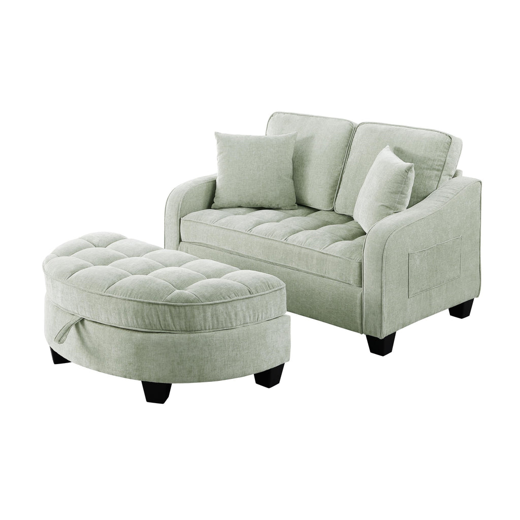 2-Seater Sofa Chaise Lounge with Irregular Curved Armrests, Ergonomic Backrest, Footrest with 2 Throw Pillows, 42.5" L x 32.5" W x 36.5" H, Cyan