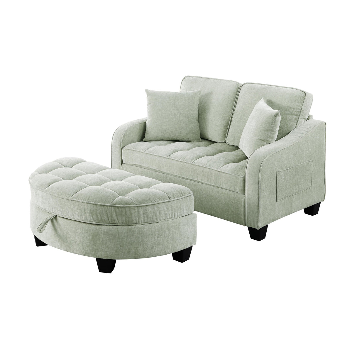 2-Seater Sofa Chaise Lounge with Irregular Curved Armrests, Ergonomic Backrest, Footrest with 2 Throw Pillows, 42.5" L x 32.5" W x 36.5" H, Cyan