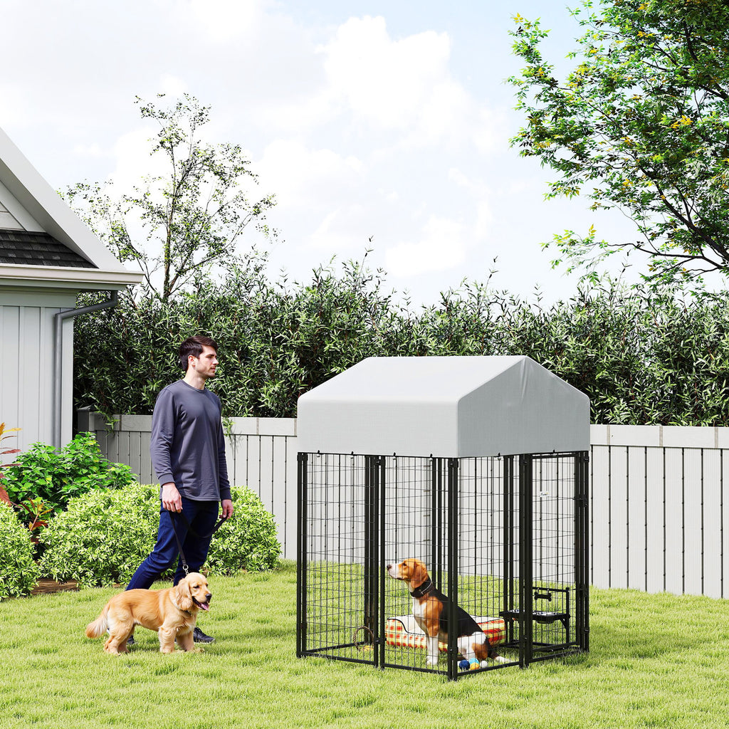 Outdoor Dog Kennel with Roof, 4' x 4' x 6' Heavy Duty Welded Wire Dog Playpen Enclosure with Escape-proof Lock