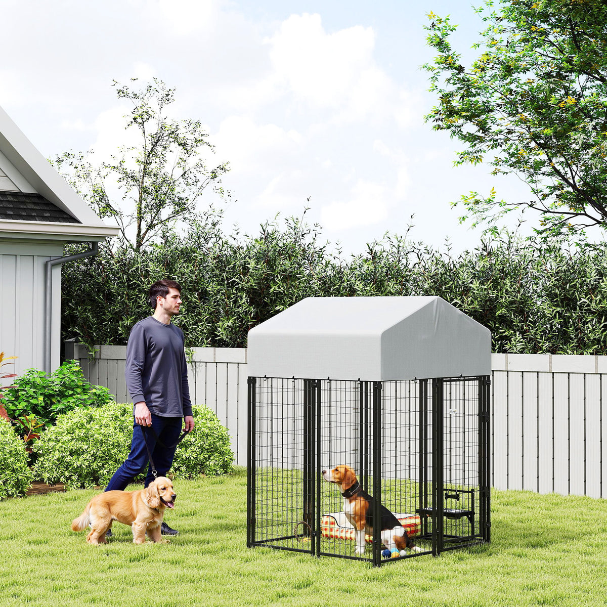 Outdoor Dog Kennel with Roof, 4' x 4' x 6' Heavy Duty Welded Wire Dog Playpen Enclosure with Escape-proof Lock