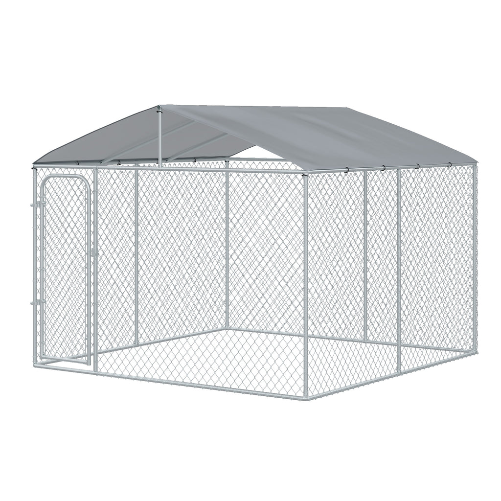 Outdoor Dog Kennel Galvanized Steel Fence with Cover Secure Lock Mesh Sidewalls for Backyard 9.8' x 9.8' x 7.7'