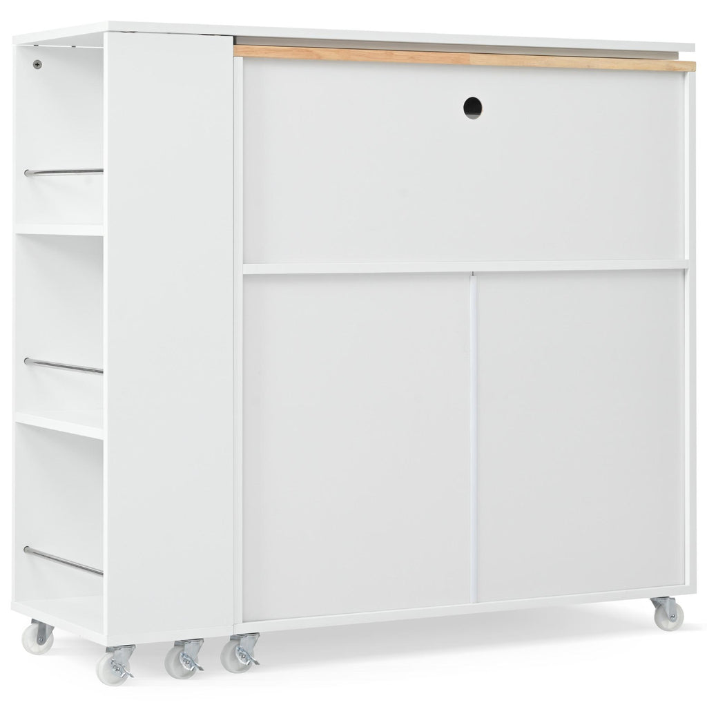 LED Kitchen Island with Extended Table, Power Outlets, Fluted Glass Doors, Utility Cart with Shelves and Cabinet, 56.5" L x 33" W x 38" H, White