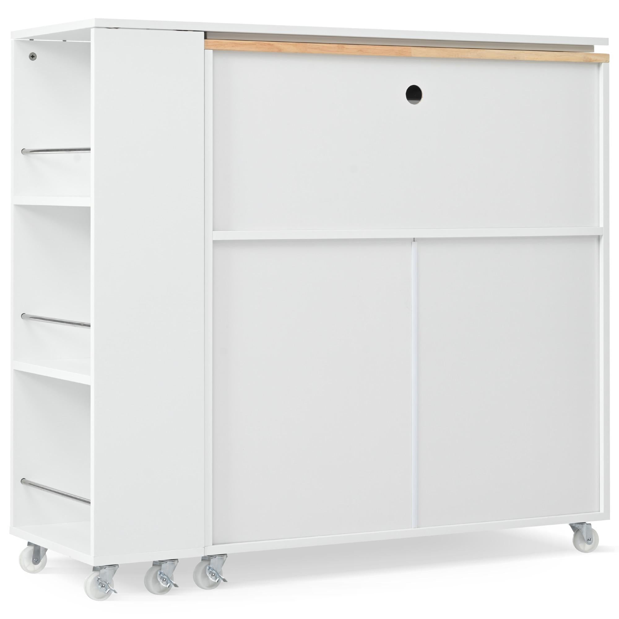 LED Kitchen Island with Extended Table, Power Outlets, Fluted Glass Doors, Utility Cart with Shelves and Cabinet, 56.5" L x 33" W x 38" H, White