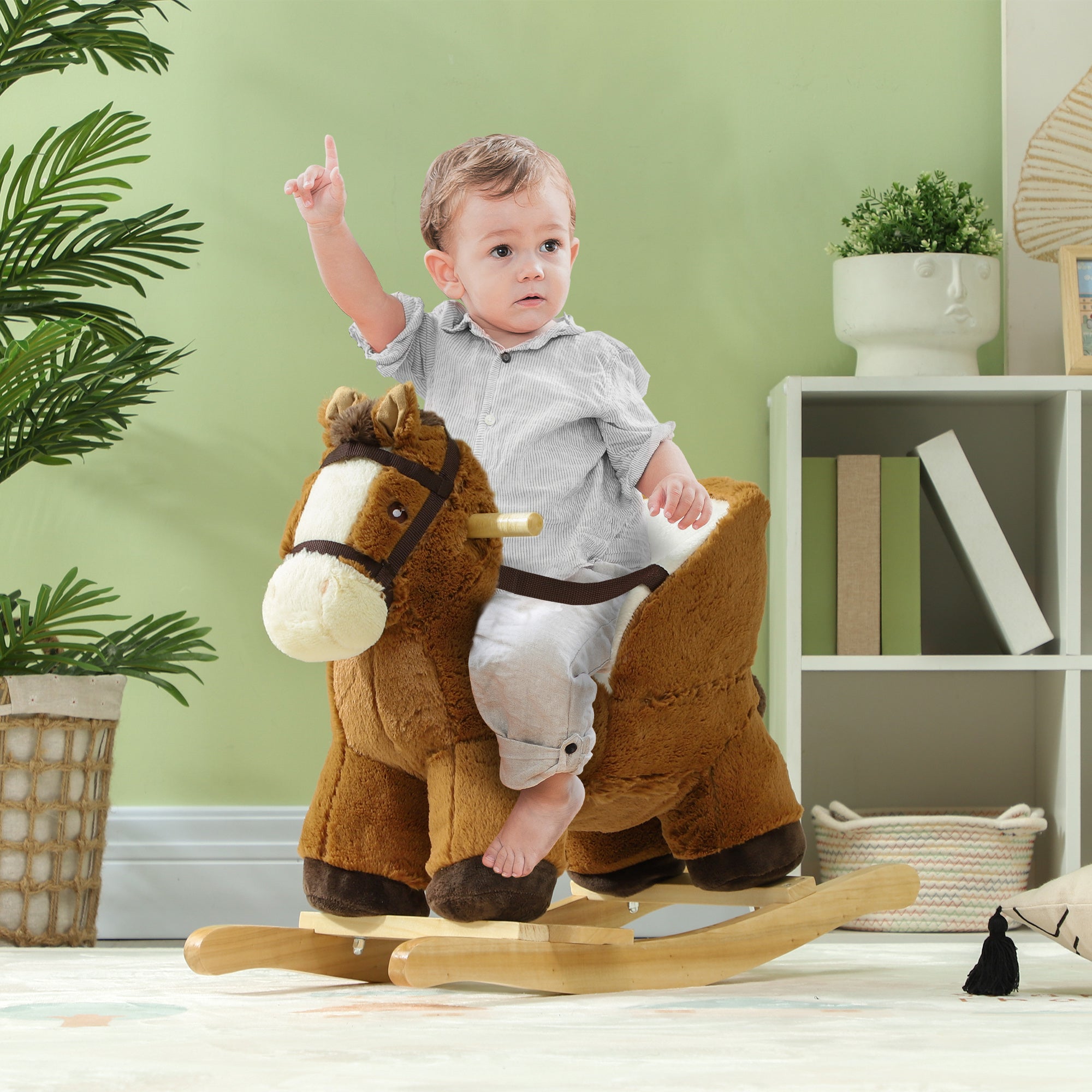 Baby Rocking Horse, Kids Ride-on with Sound, Wooden Base & Safety Belt for Ages 18-36 Months, Brown
