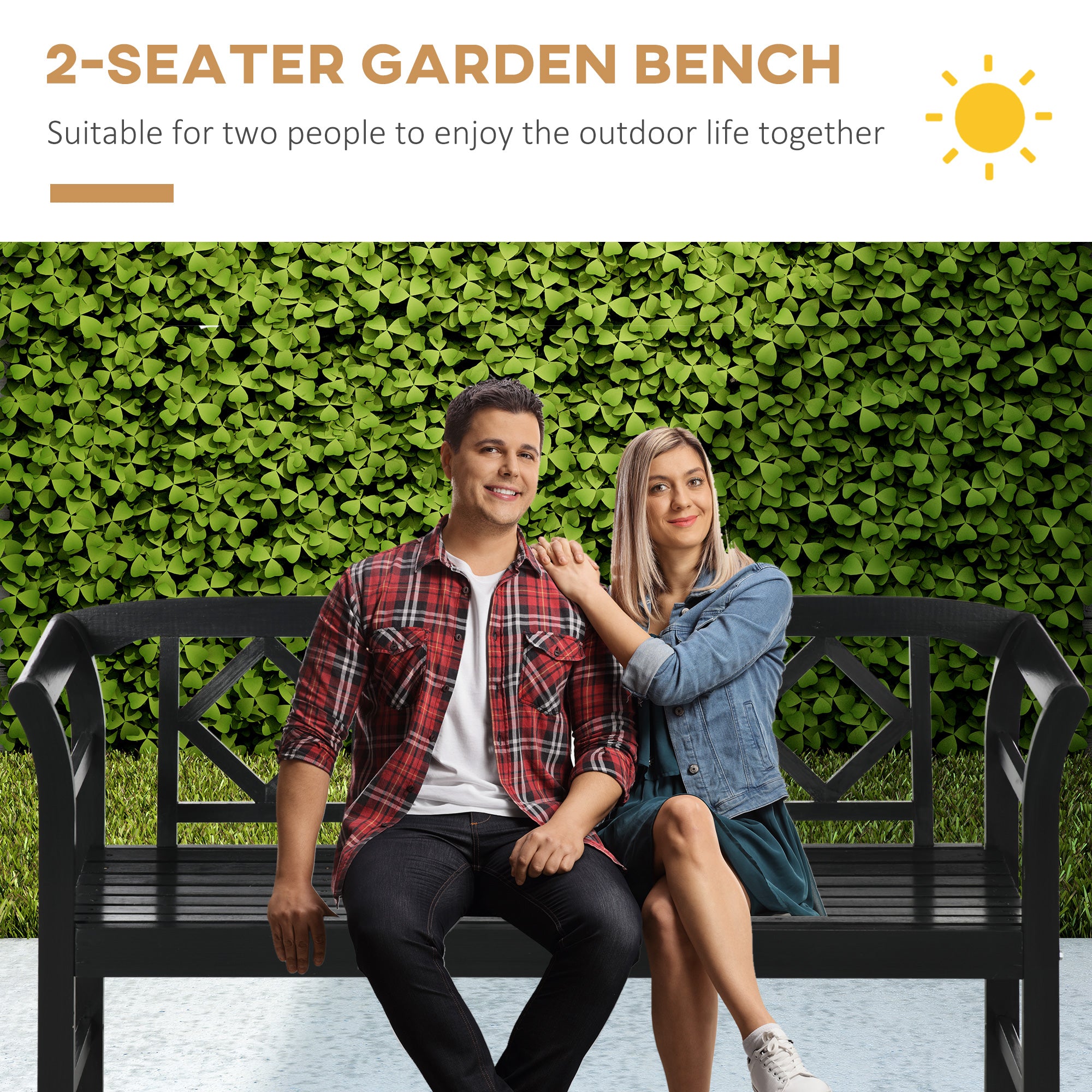 Wooden Patio Bench, Outdoor Garden Bench with Backrest and Armrests, 3 Person Porch Bench with Rustic Country Diamond Pattern, Black
