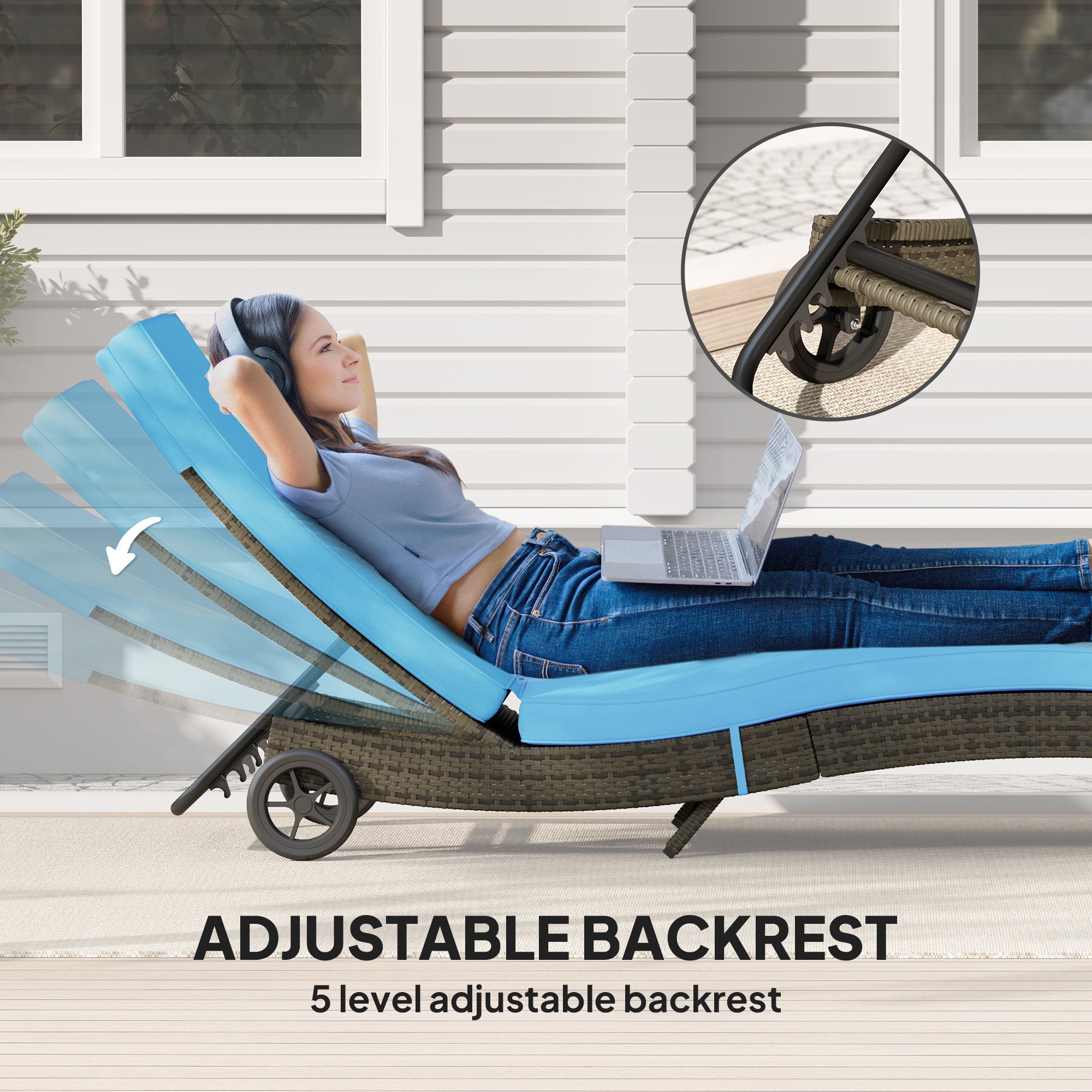 Patio Wicker Chaise Lounge Chair, Outdoor PE Rattan Sun lounger with Adjustable Backrest and 2 Wheels, Sky Blue