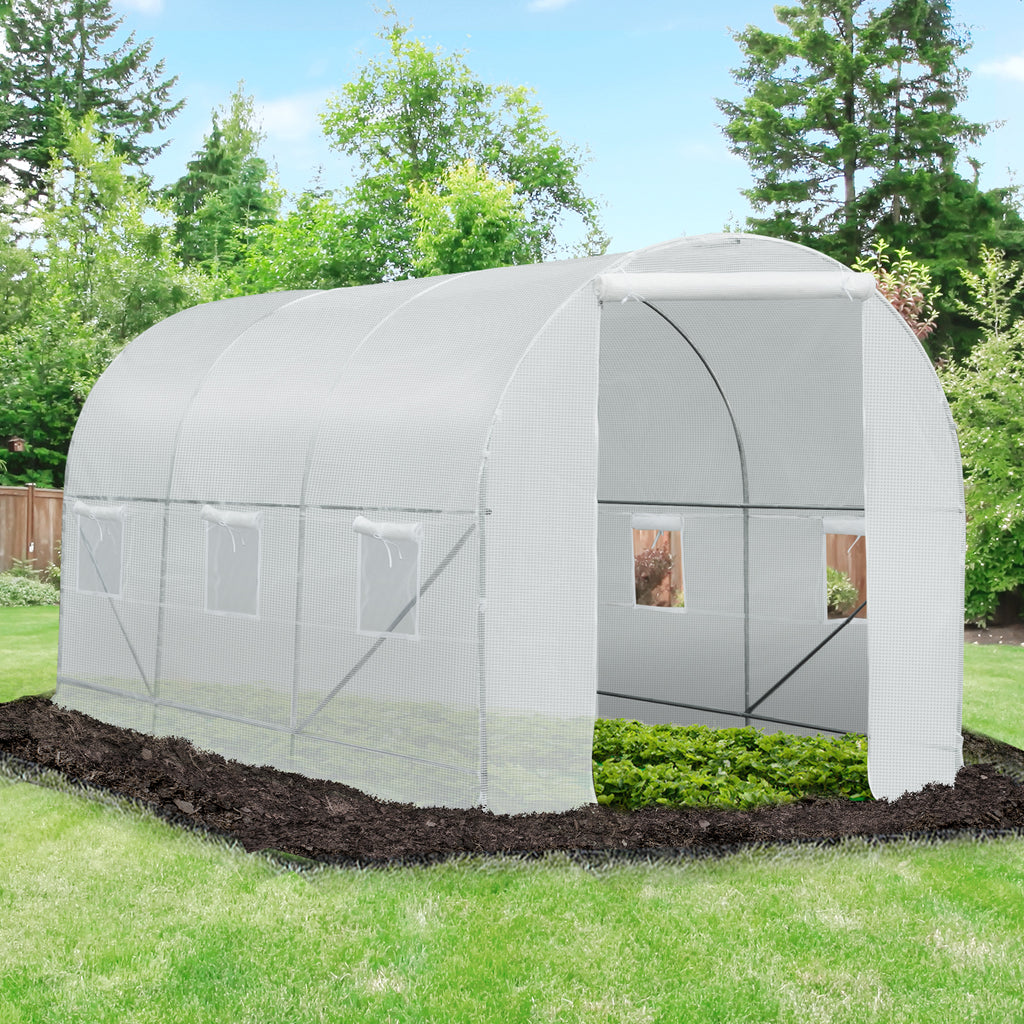 15' x 7' x 7' Walk-In Tunnel Greenhouse, Large Garden Hot House Kit with 6 Roll-up Windows & Roll Up Door, Steel Frame, White
