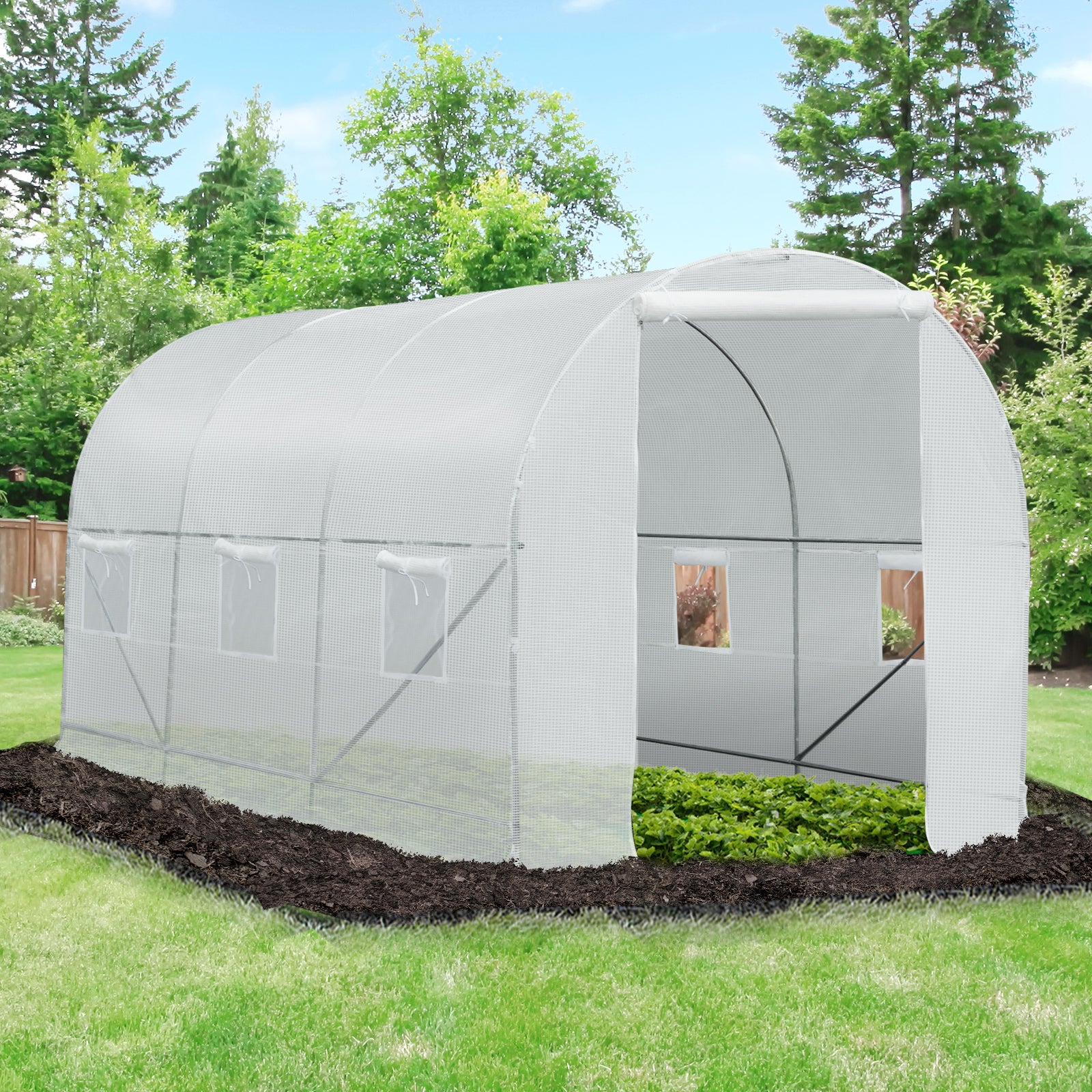 15' x 7' x 7' Walk-In Tunnel Greenhouse, Large Garden Hot House Kit with 6 Roll-up Windows & Roll Up Door, Steel Frame, White