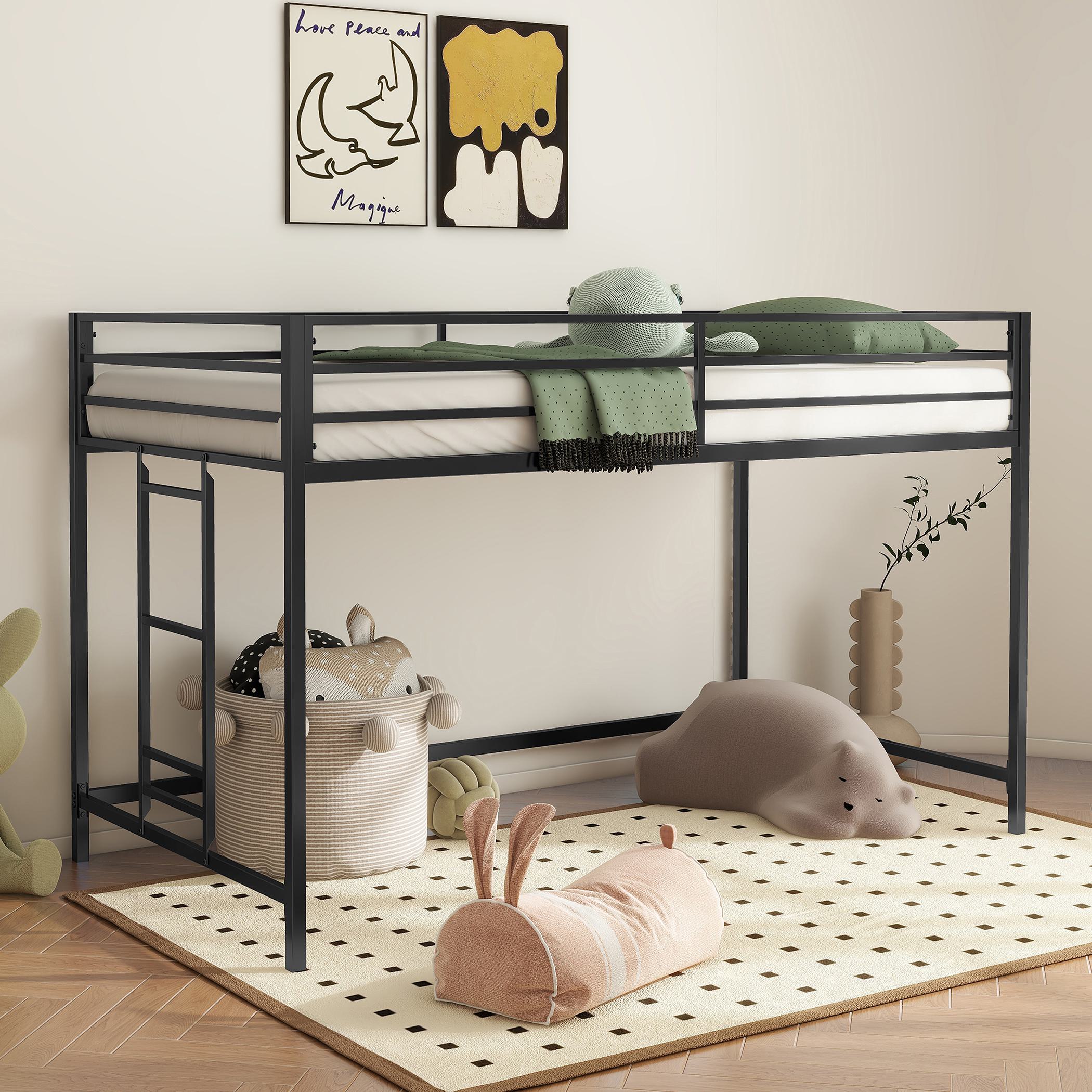 Junior Twin Loft Bunk Metal Bed Frame with Full-Length Guardrails, Anti-Noise Design, and Protective Post Caps, 76.69″ L x 40.94″ W x 49.49″ H, Black